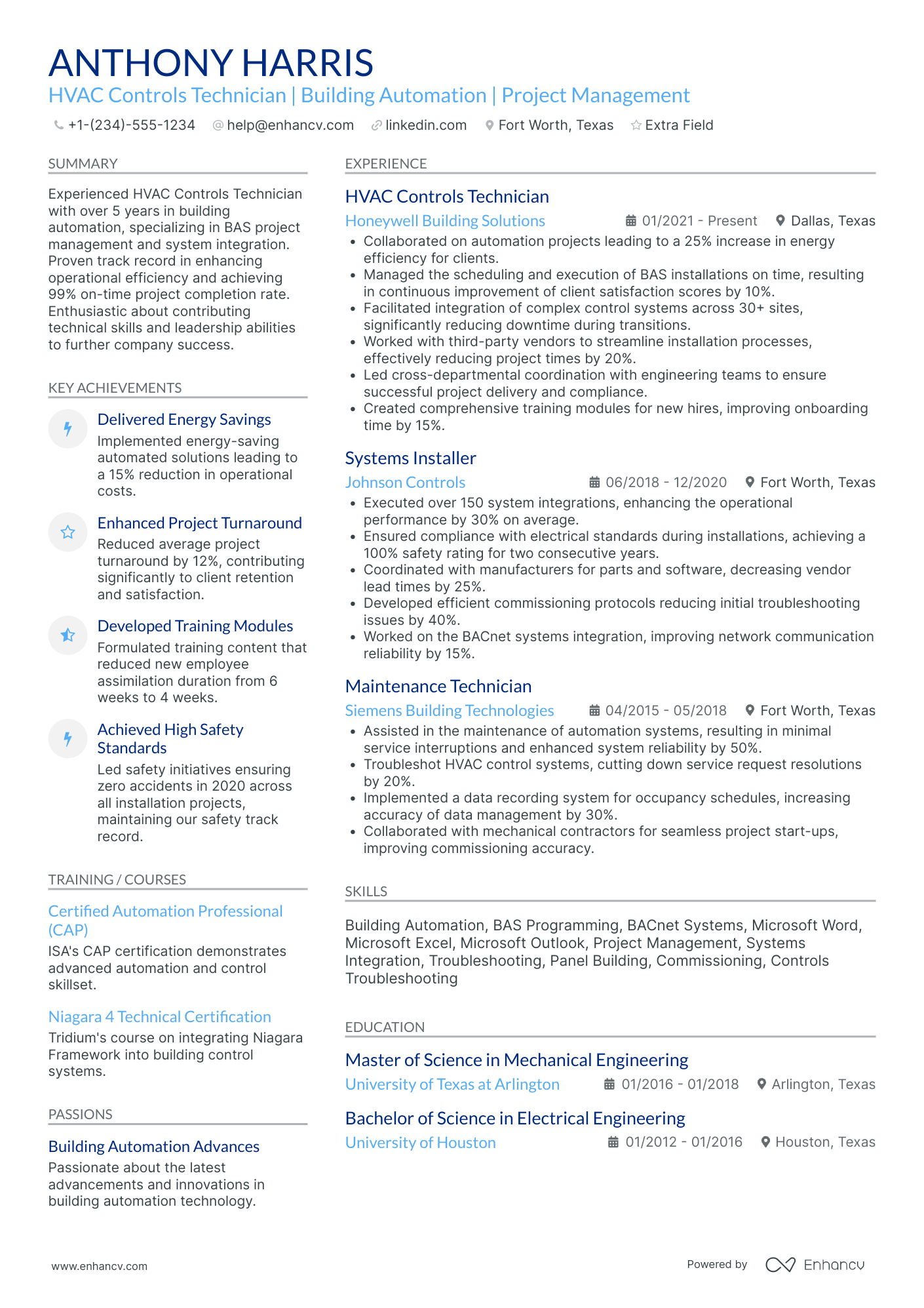 HVAC Controls Technician Resume Example