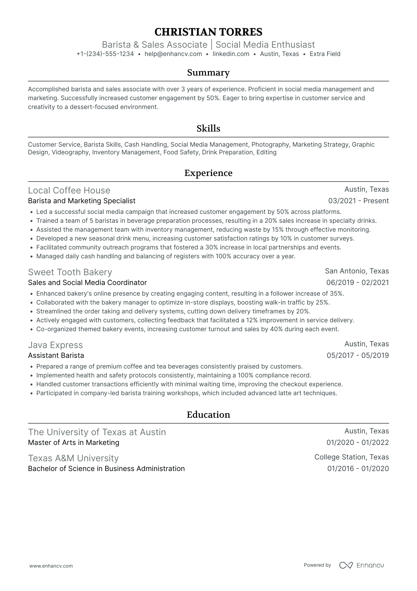 Barista and Sales Associate Resume Example