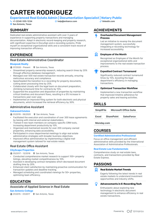 Real Estate Administrative Assistant Resume Example