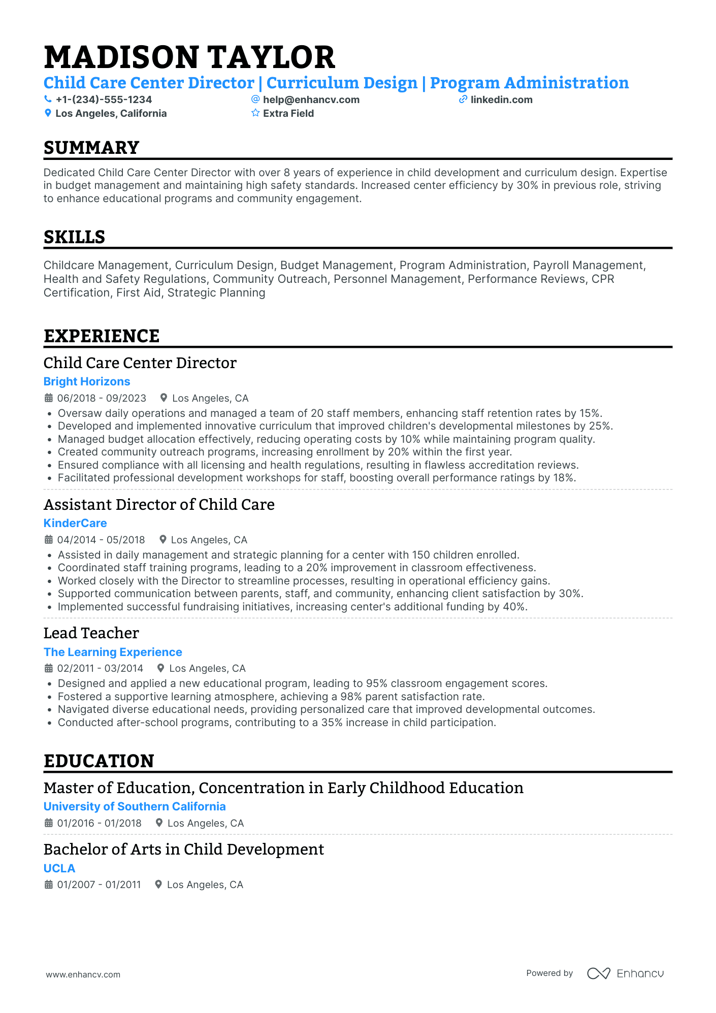 Child Care Services Manager Resume Example