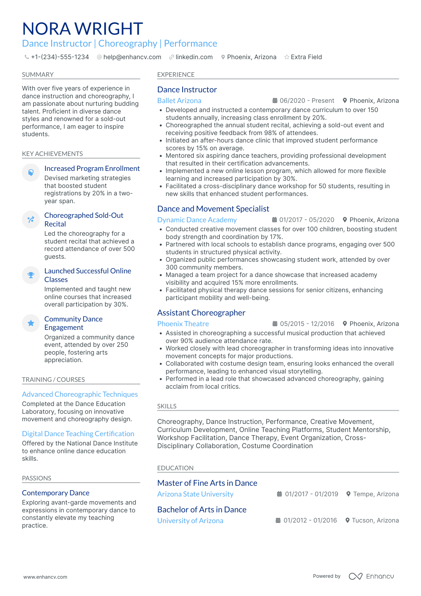 Dance Teacher Intern Resume Example