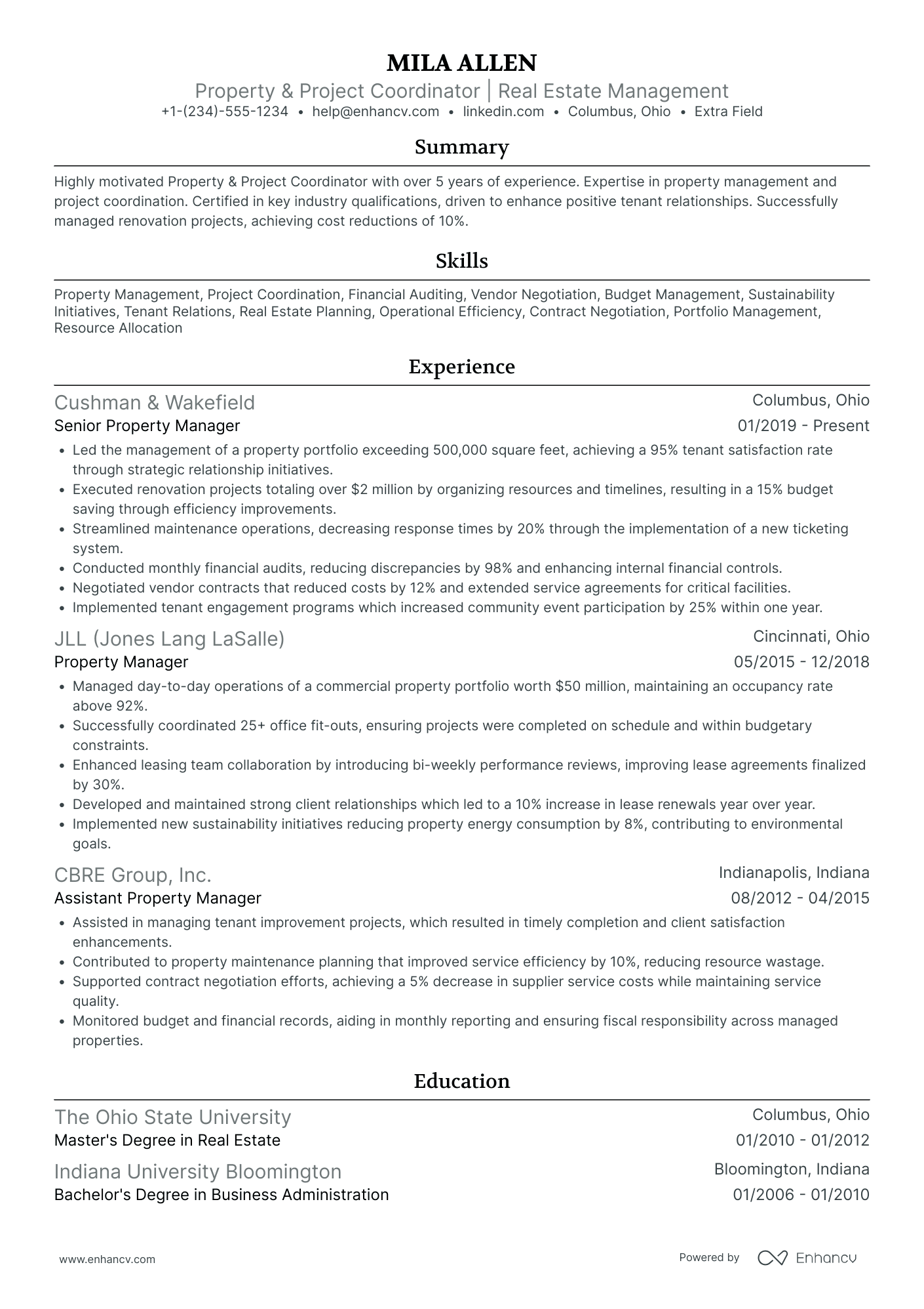 Property Project Manager Resume Example