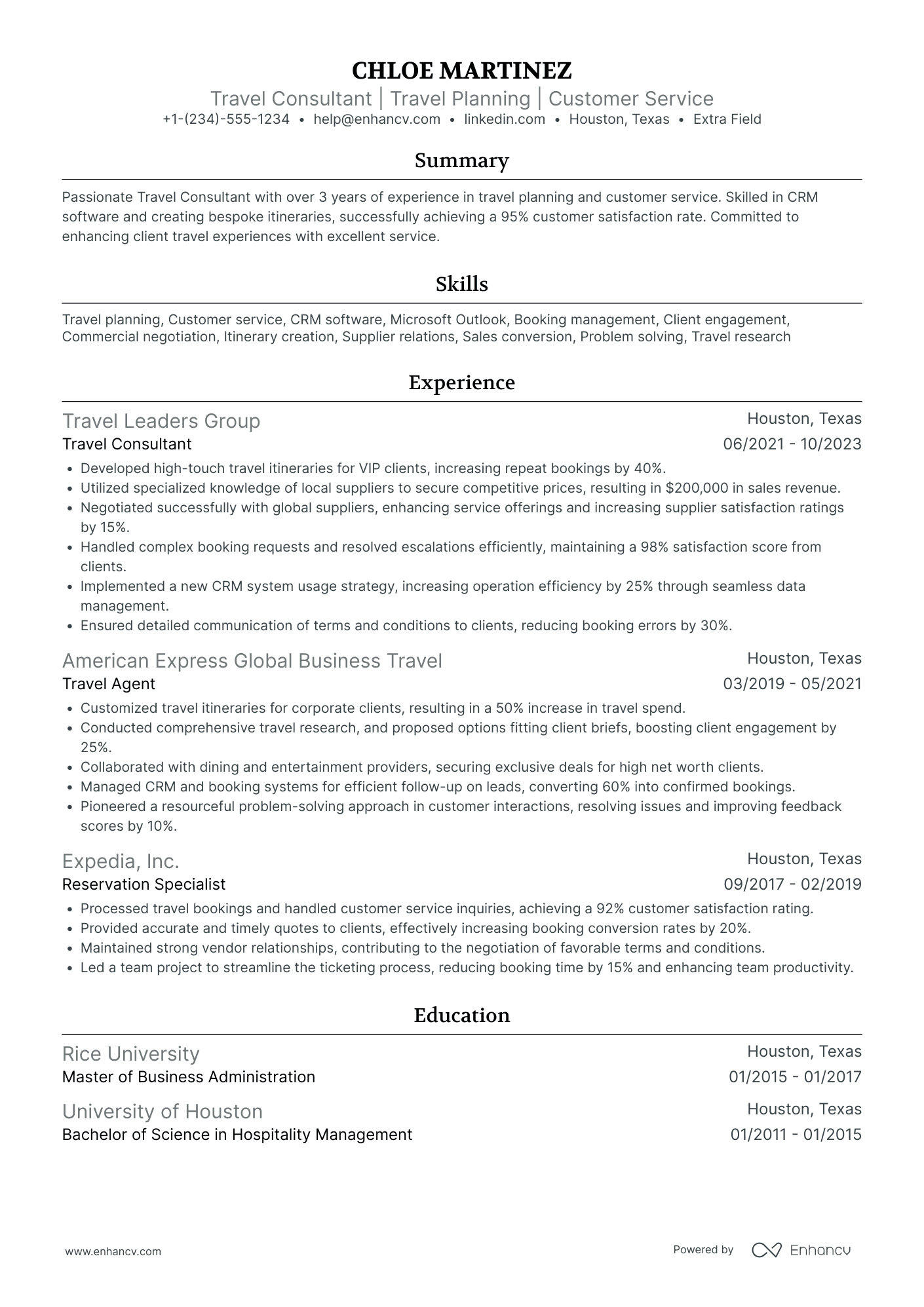 Adventure Travel Consultant Resume Example