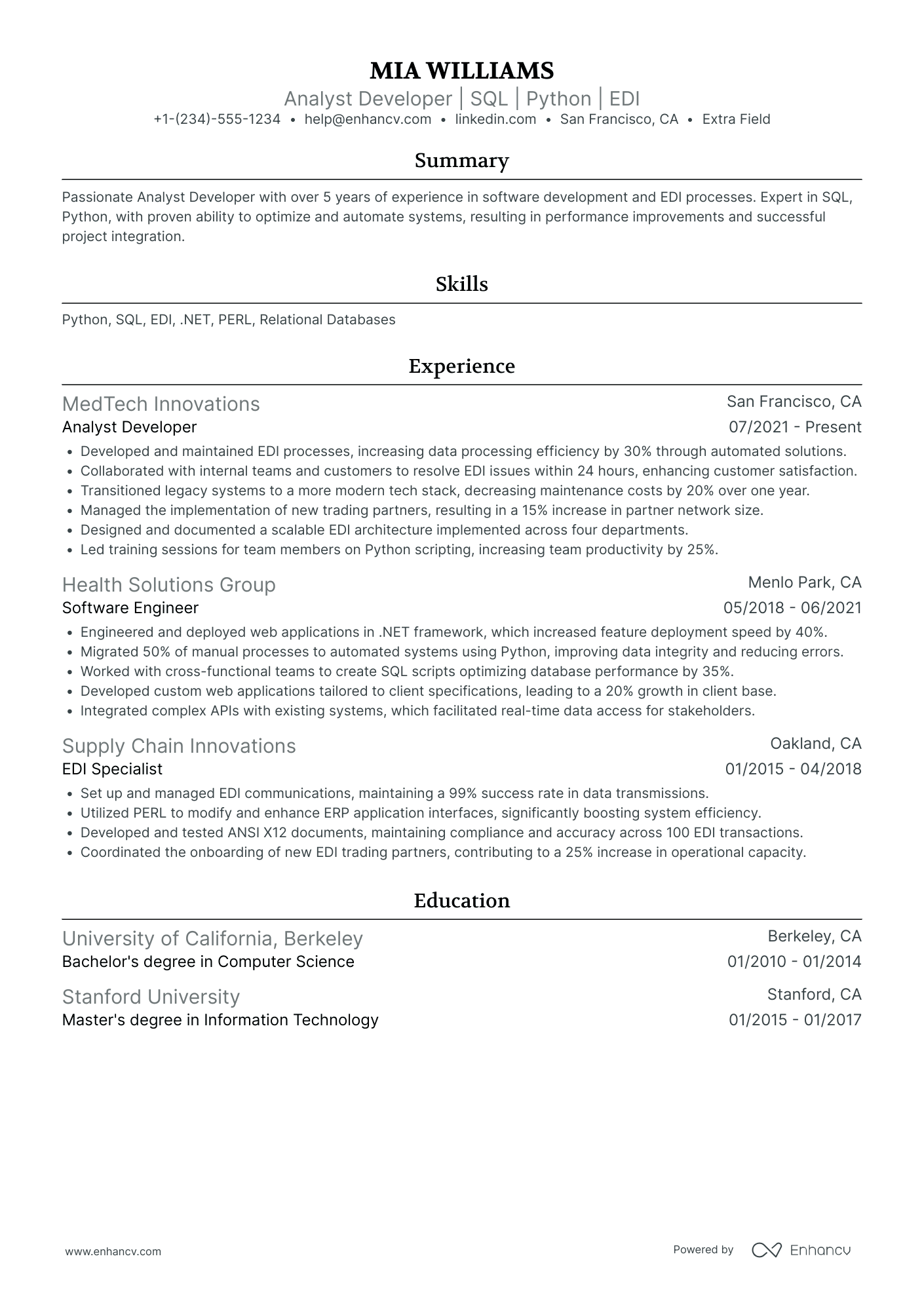 Web Developer Analyst Resume Example