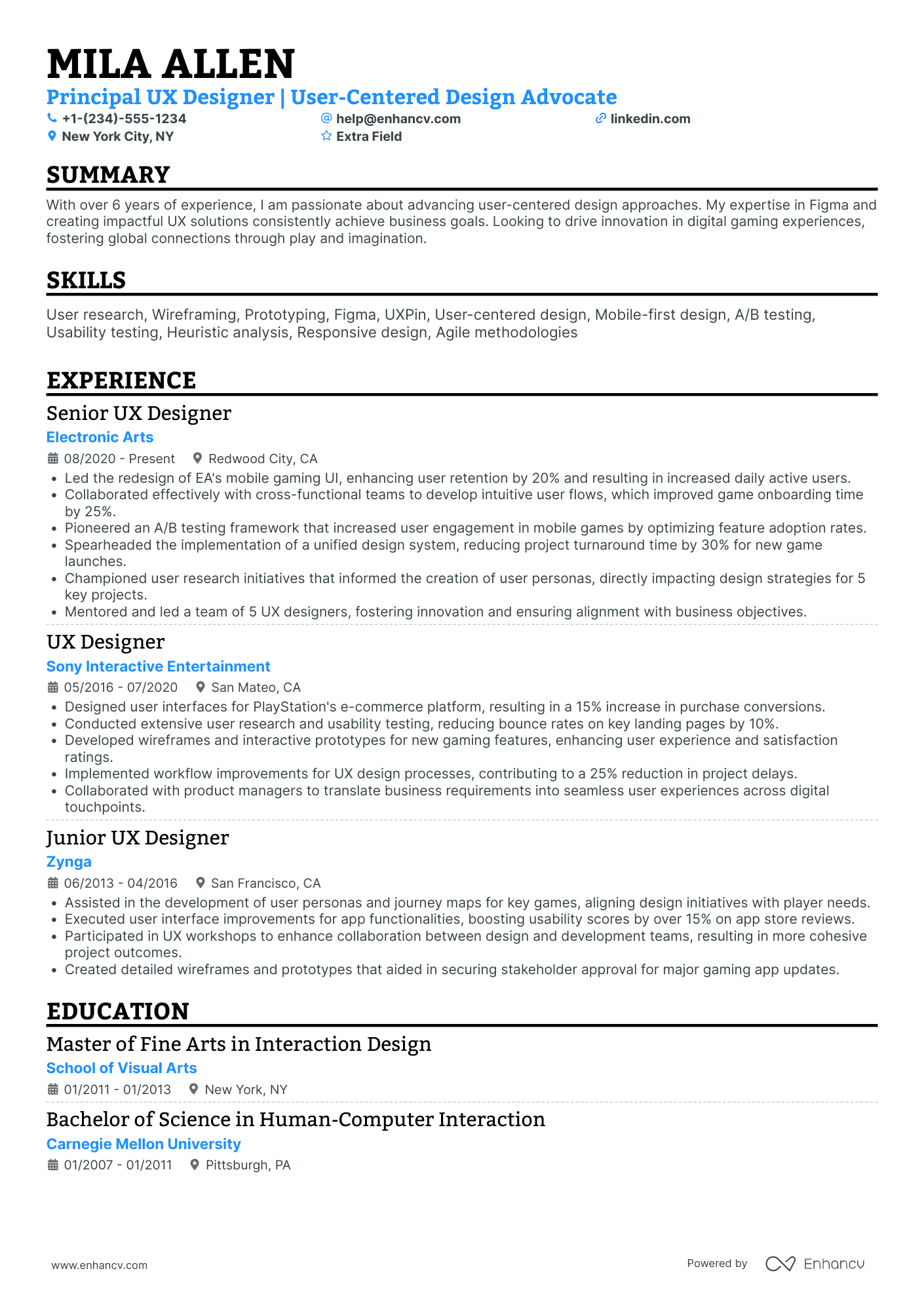 Lead UX Designer Resume Example