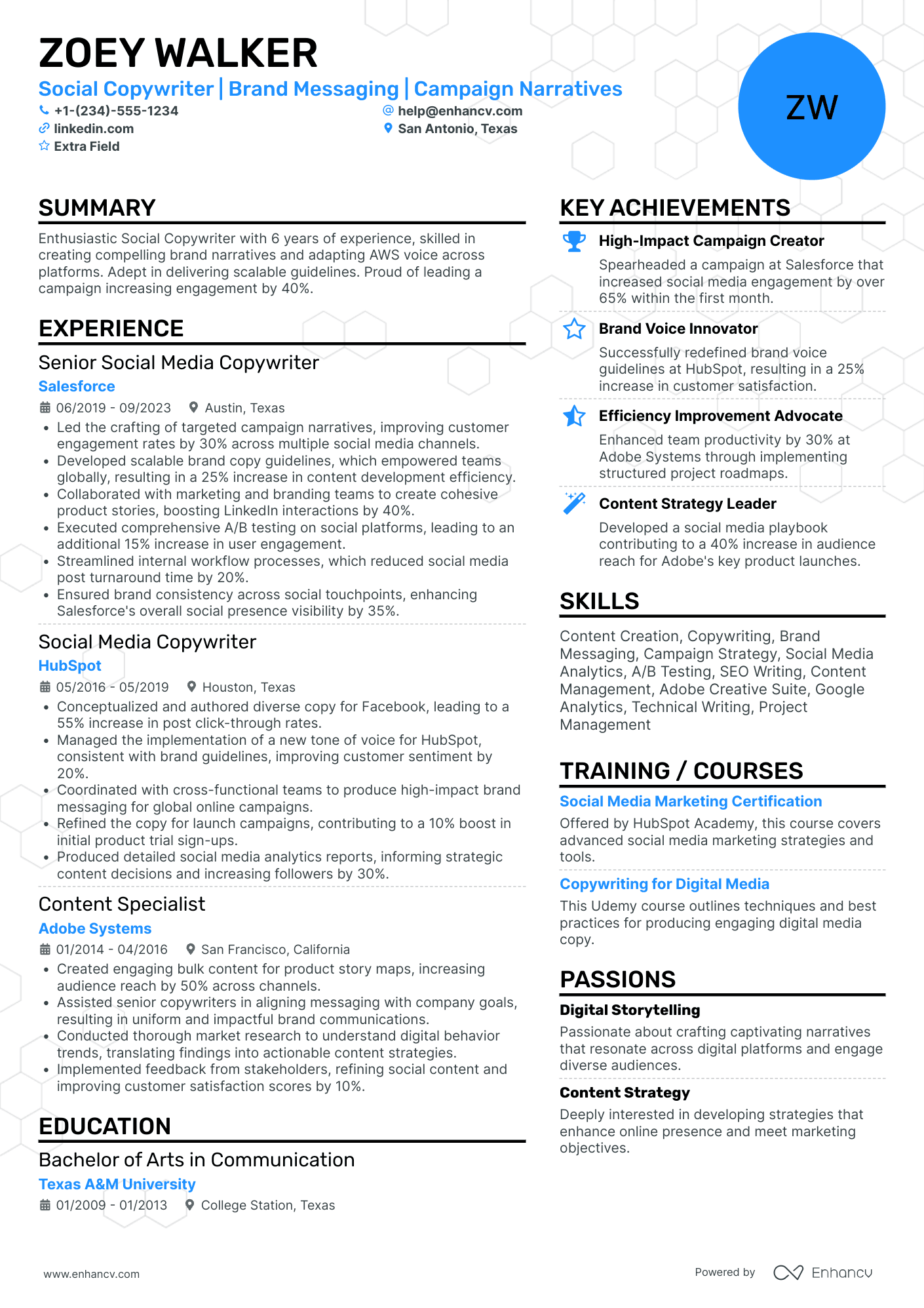 Social Media Marketing Copywriter Resume Example