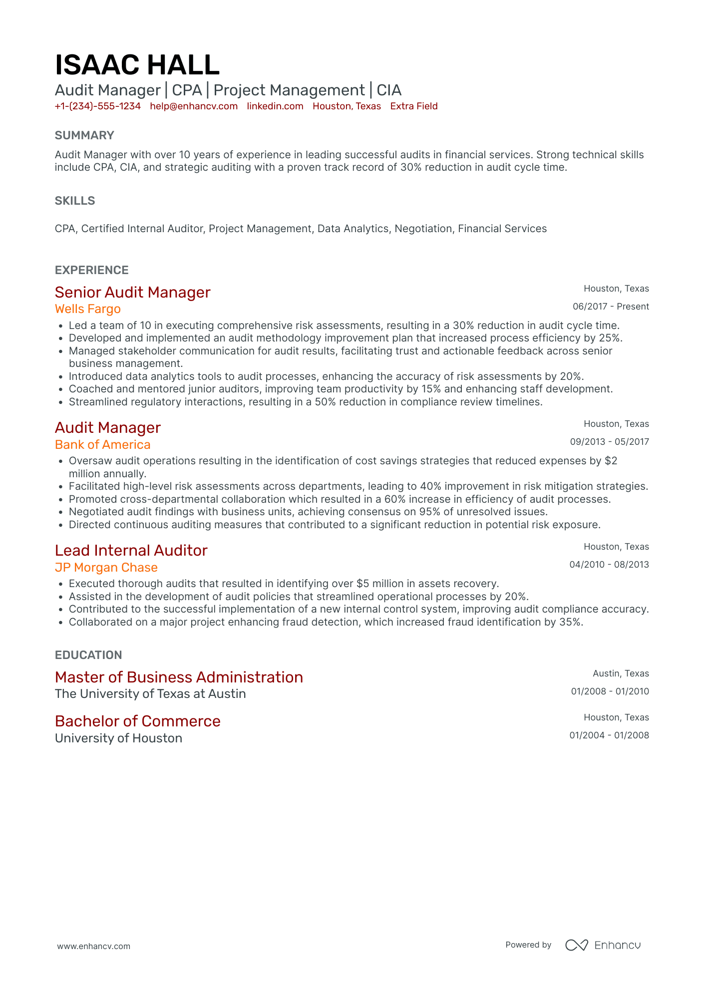 Social Engineering Audit Manager Resume Example