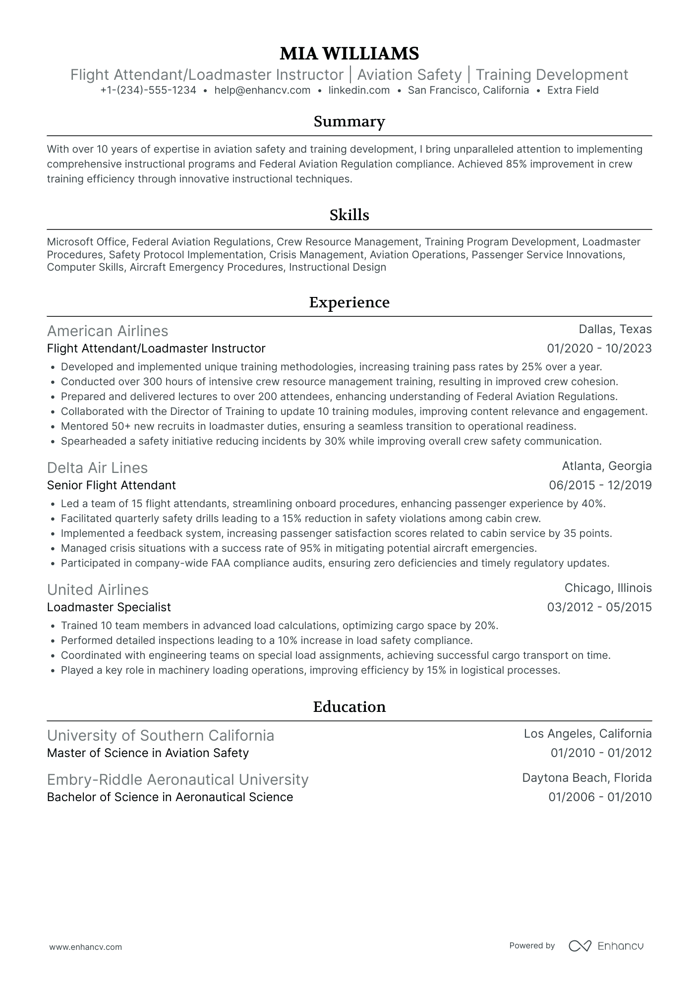 First Class Flight Attendant Resume Example