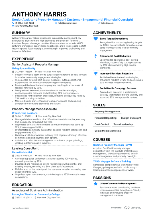 Assistant Property Manager Resume Example