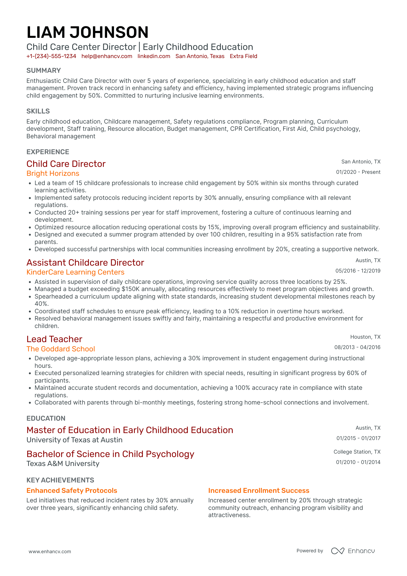 Child Care Center Director Resume Example