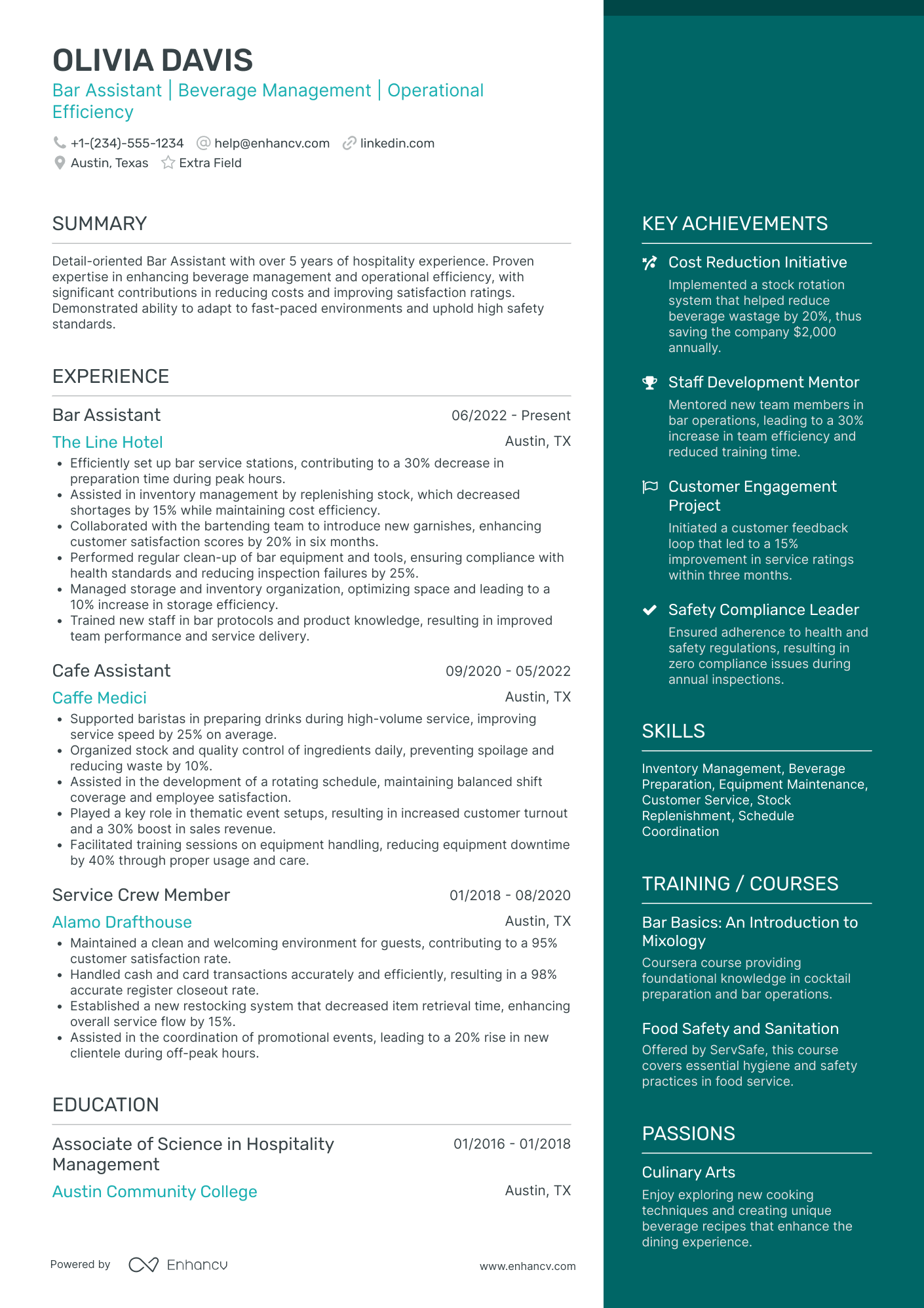 Assistant Bartender Resume Example