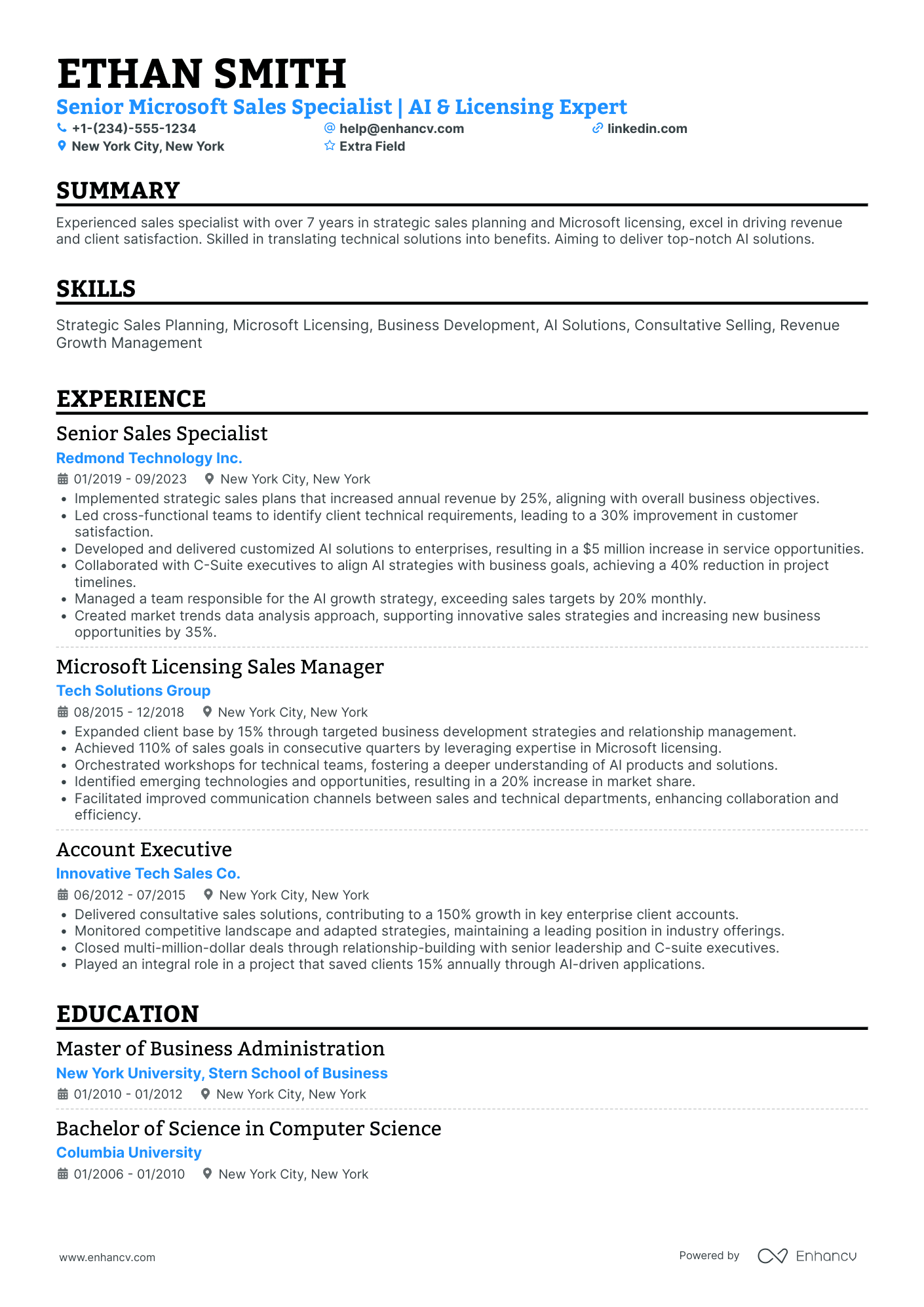 Microsoft Sales Specialist Resume Example