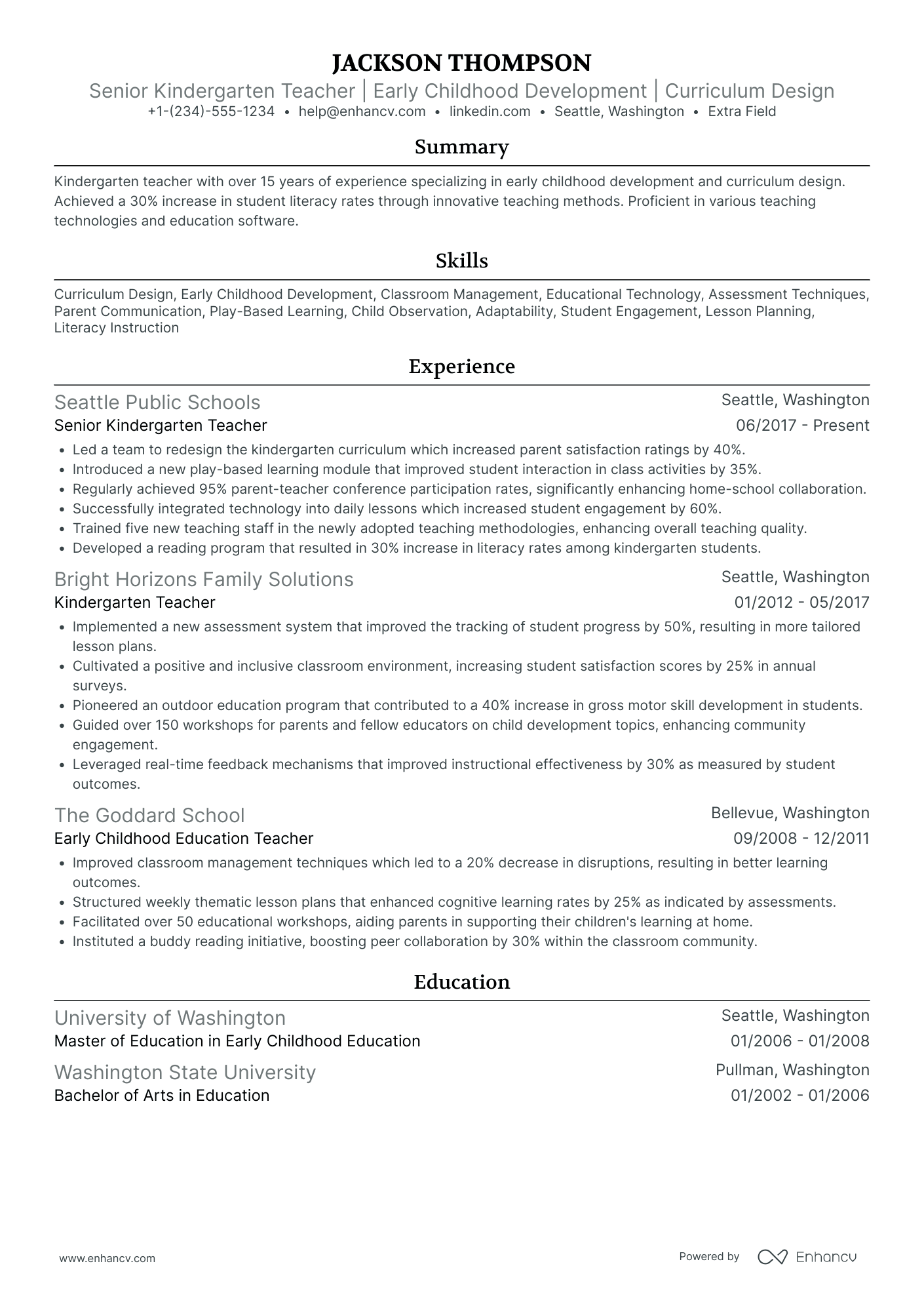 Senior Kindergarten Teacher Resume Example