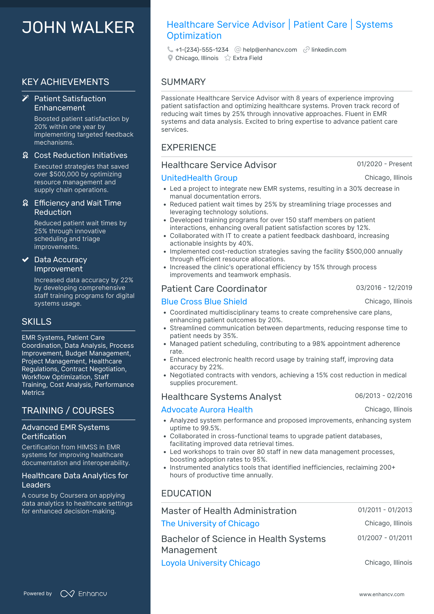 Healthcare Service Advisor Resume Example