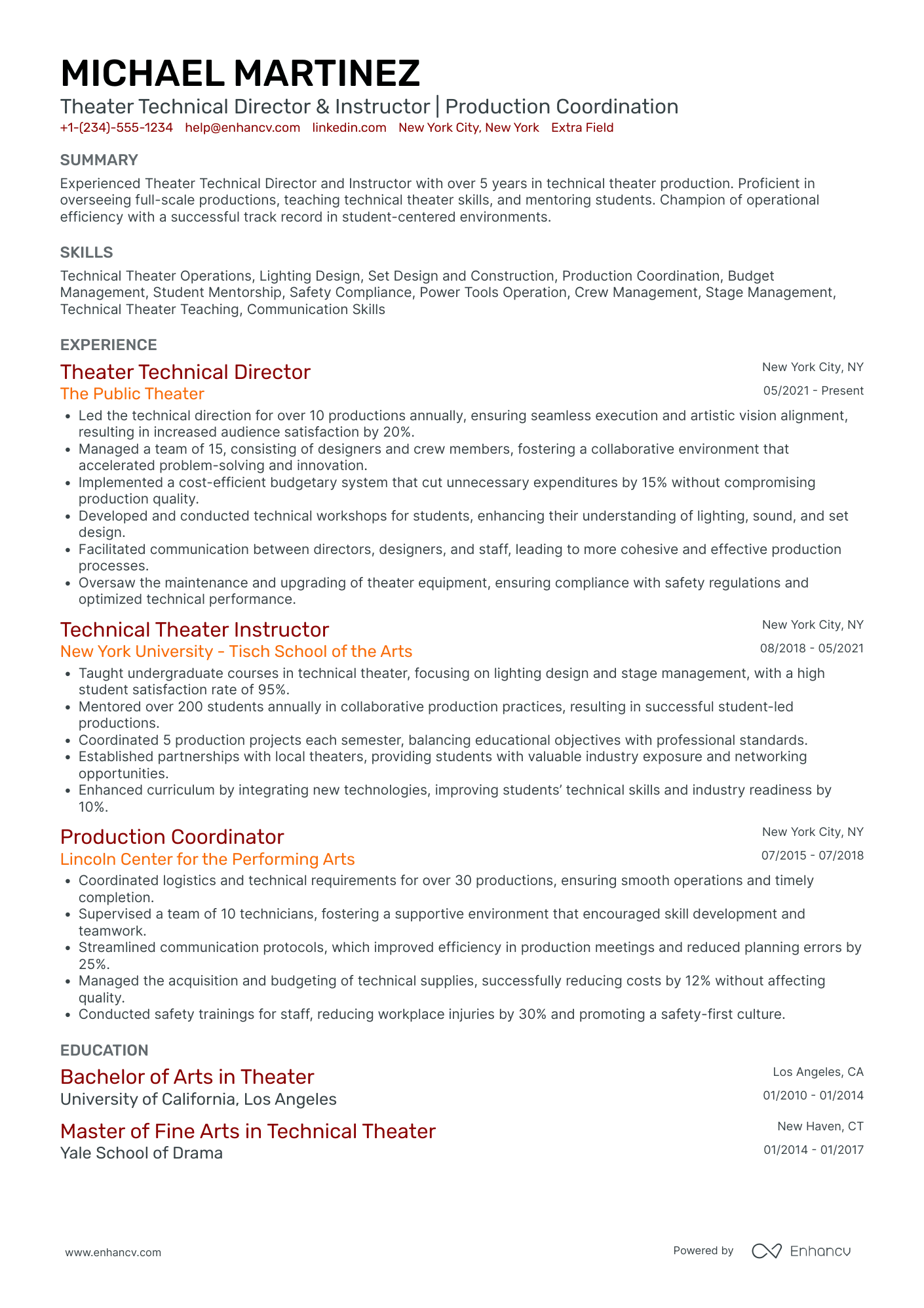 Theater Education Coordinator Resume Example