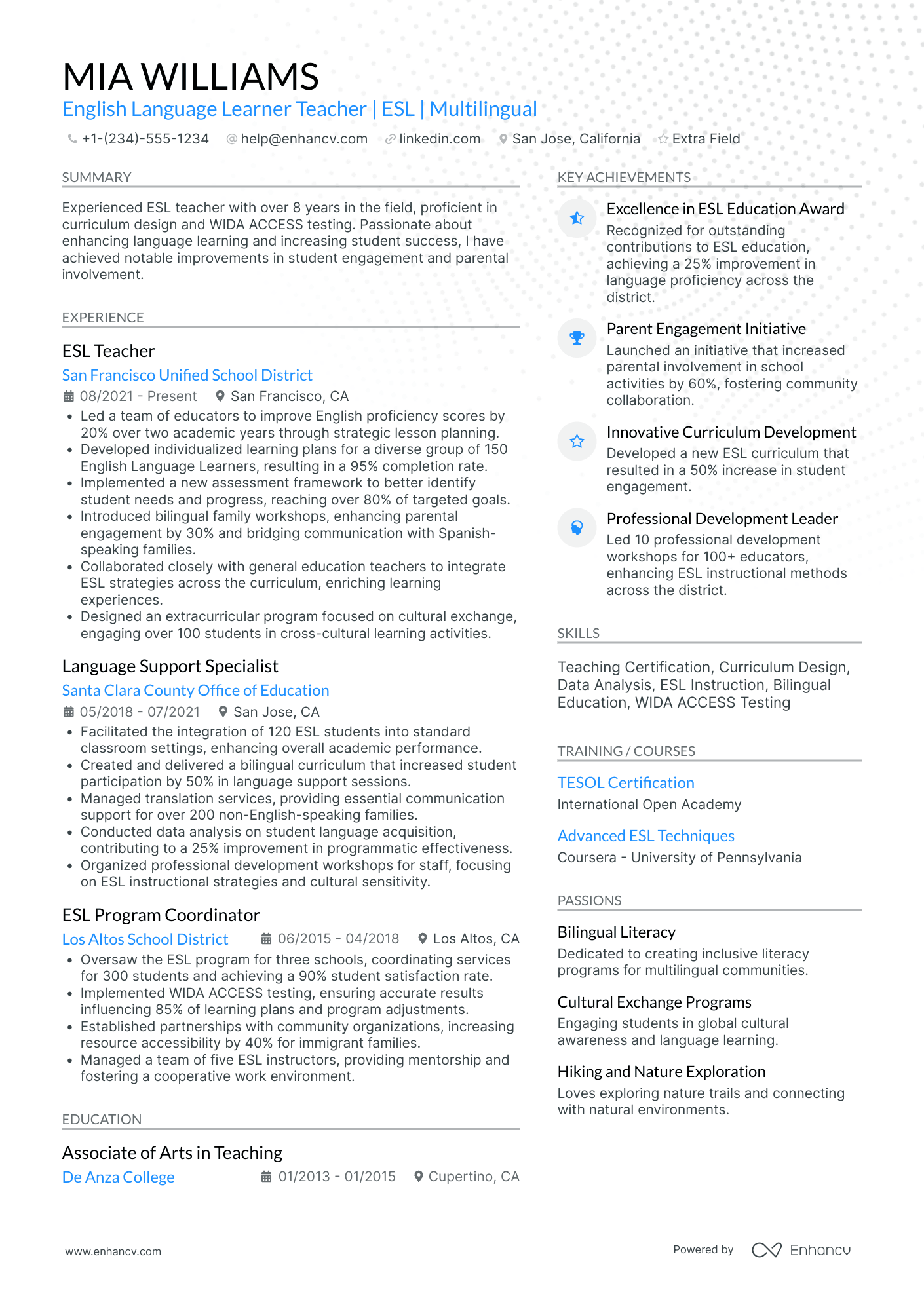 Elementary School Language Teacher Resume Example