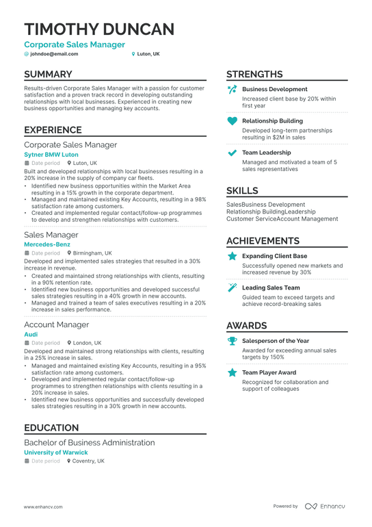 Corporate Sales Manager Resume Example