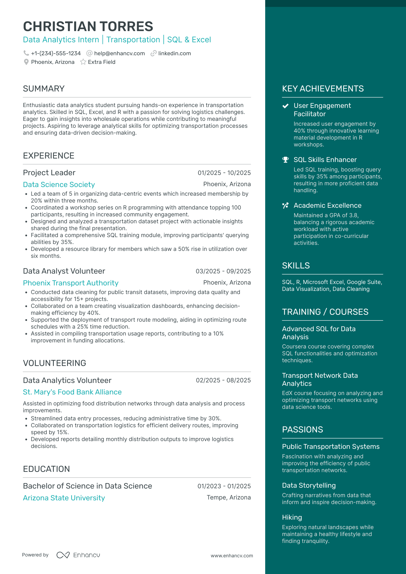 Data Analysis Intern Resume Example