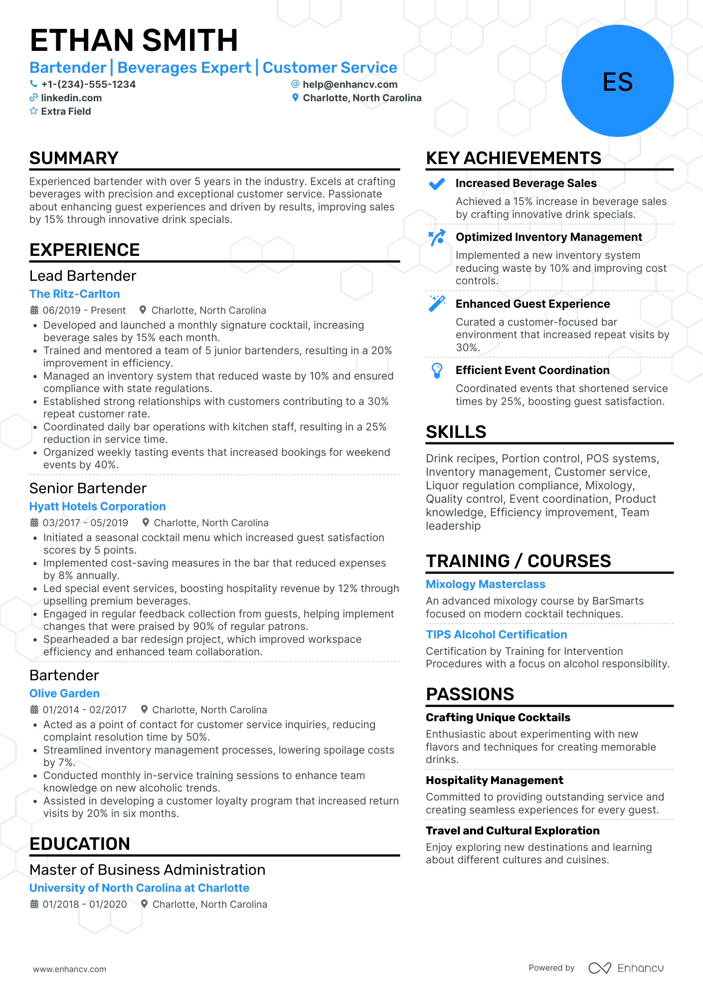 Bartender Supervisor Resume Example