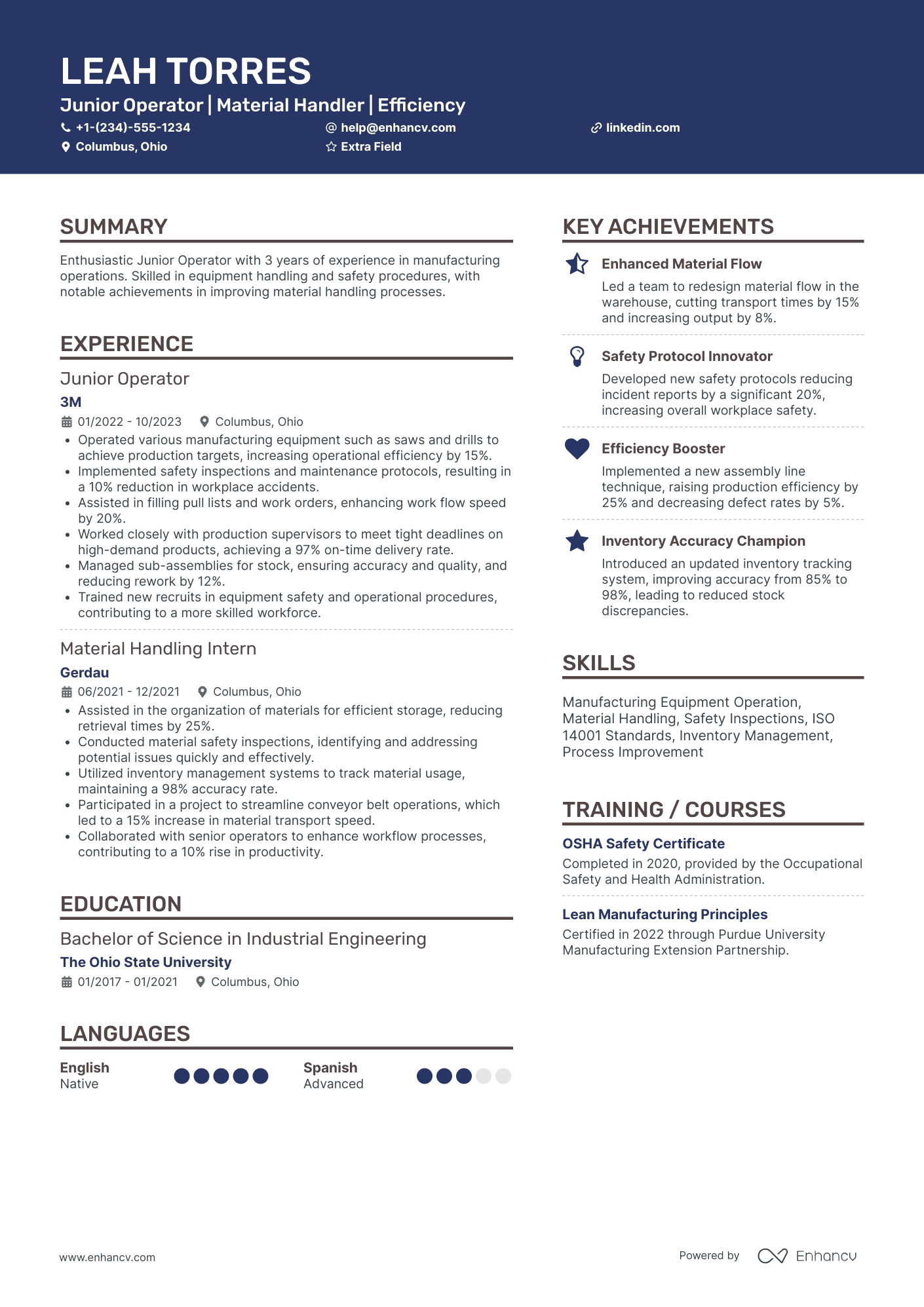 Junior Material Handler Resume Example