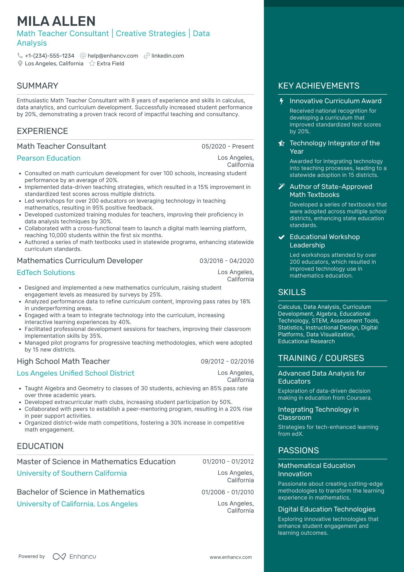 Math Teacher Consultant Resume Example