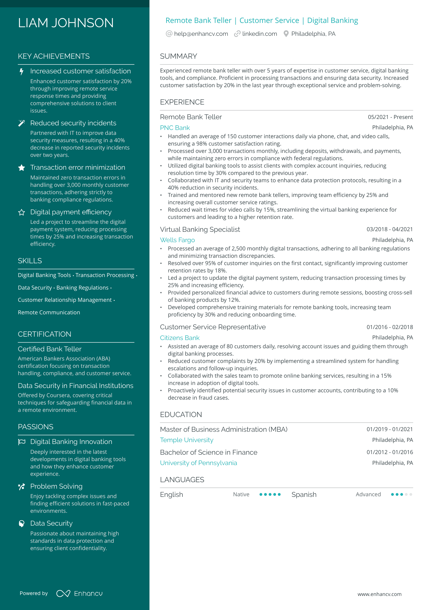 Remote/Virtual Bank Teller Resume Resume Example