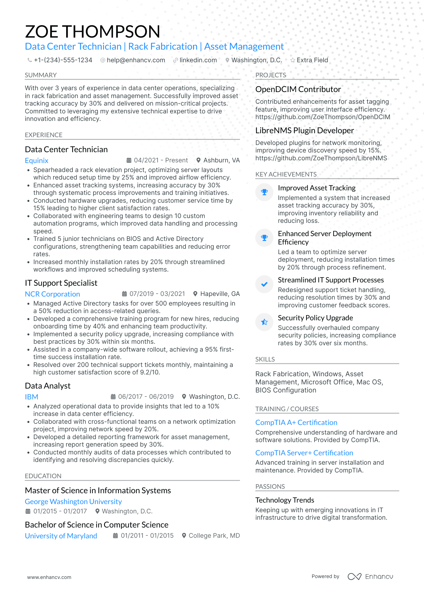 Data Center Technician Analyst Resume Example