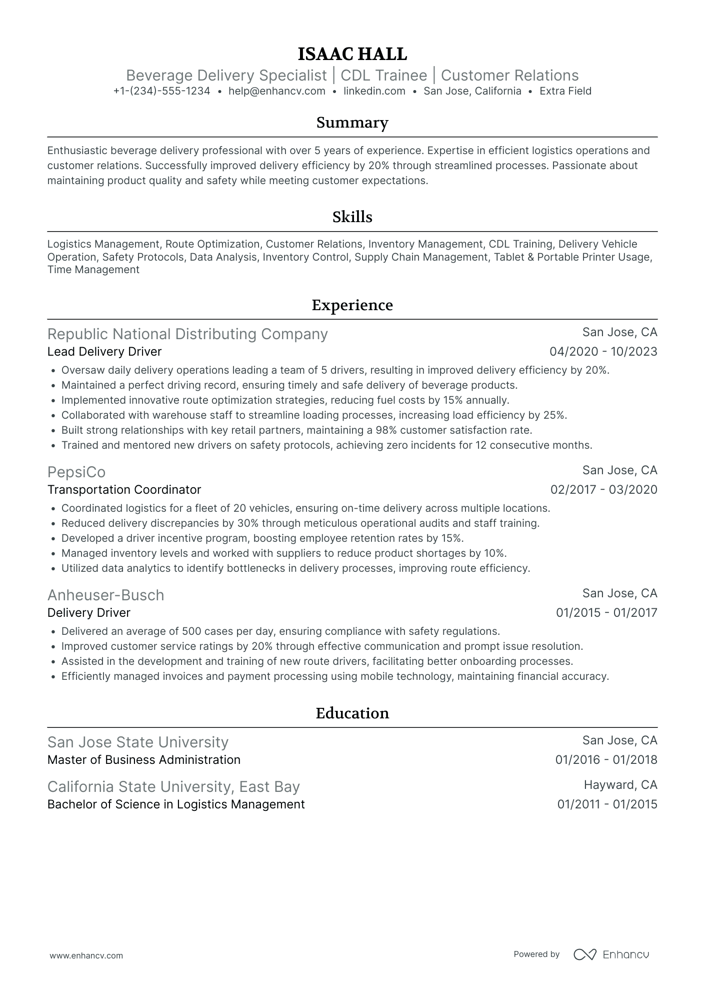 Beverage Delivery Driver Resume Example