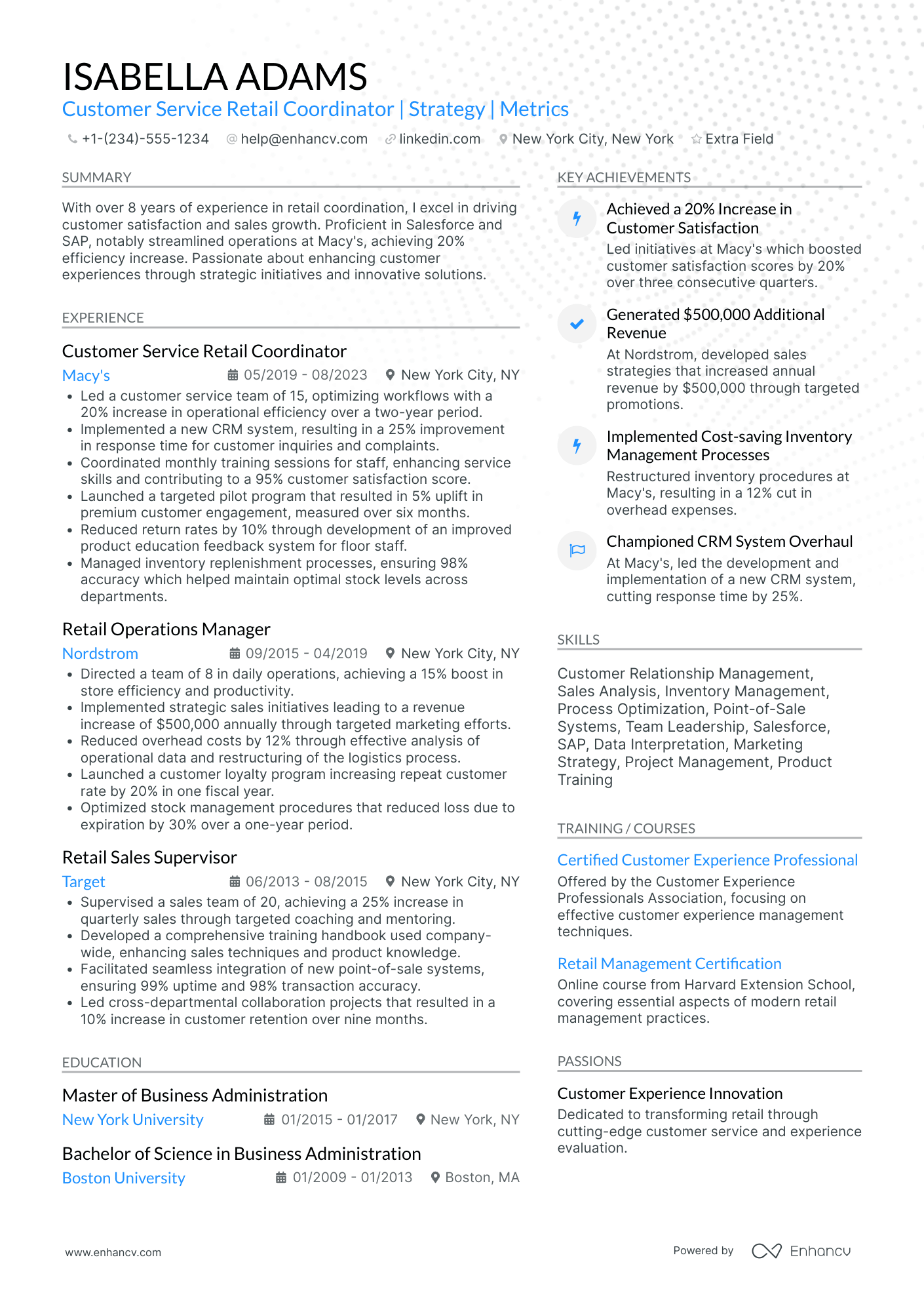 Customer Service Retail Coordinator Resume Example