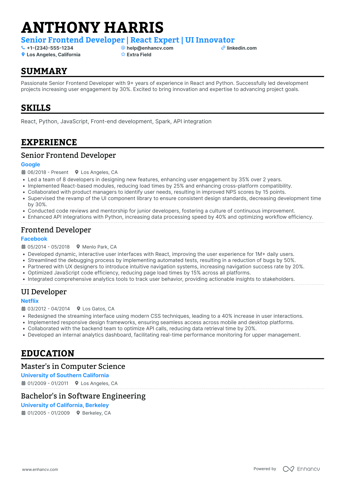 Python Frontend Developer Resume Example