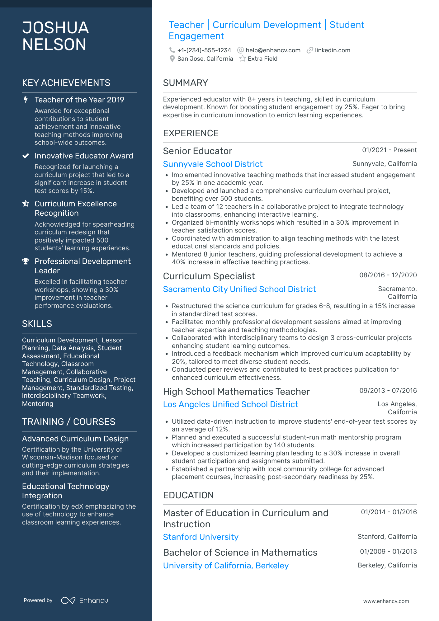 Culinary Arts Teacher Resume Example