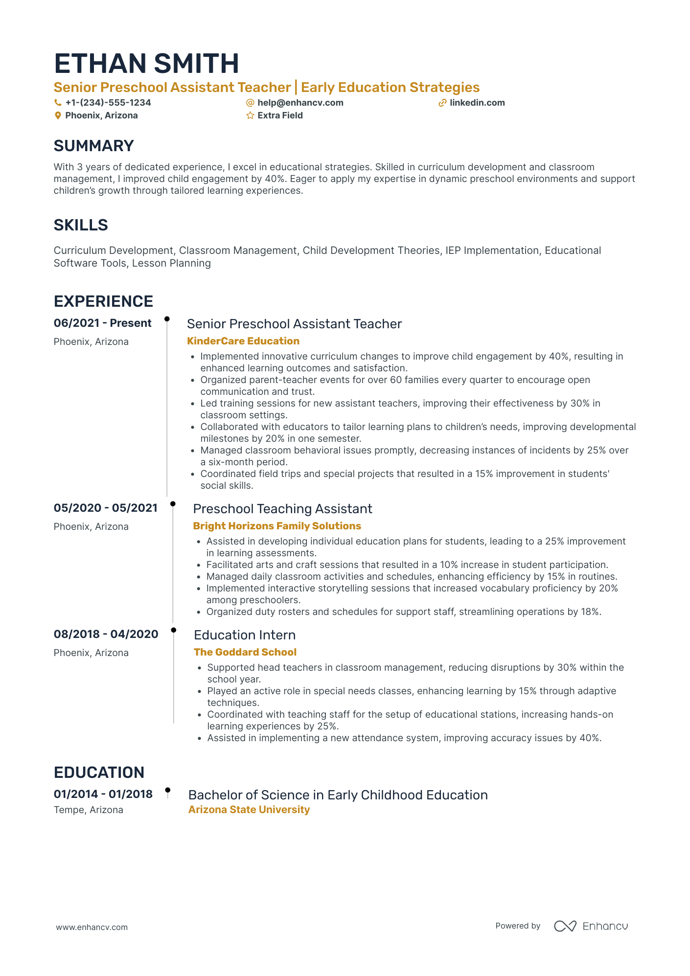 Senior Preschool Assistant Teacher Resume Example