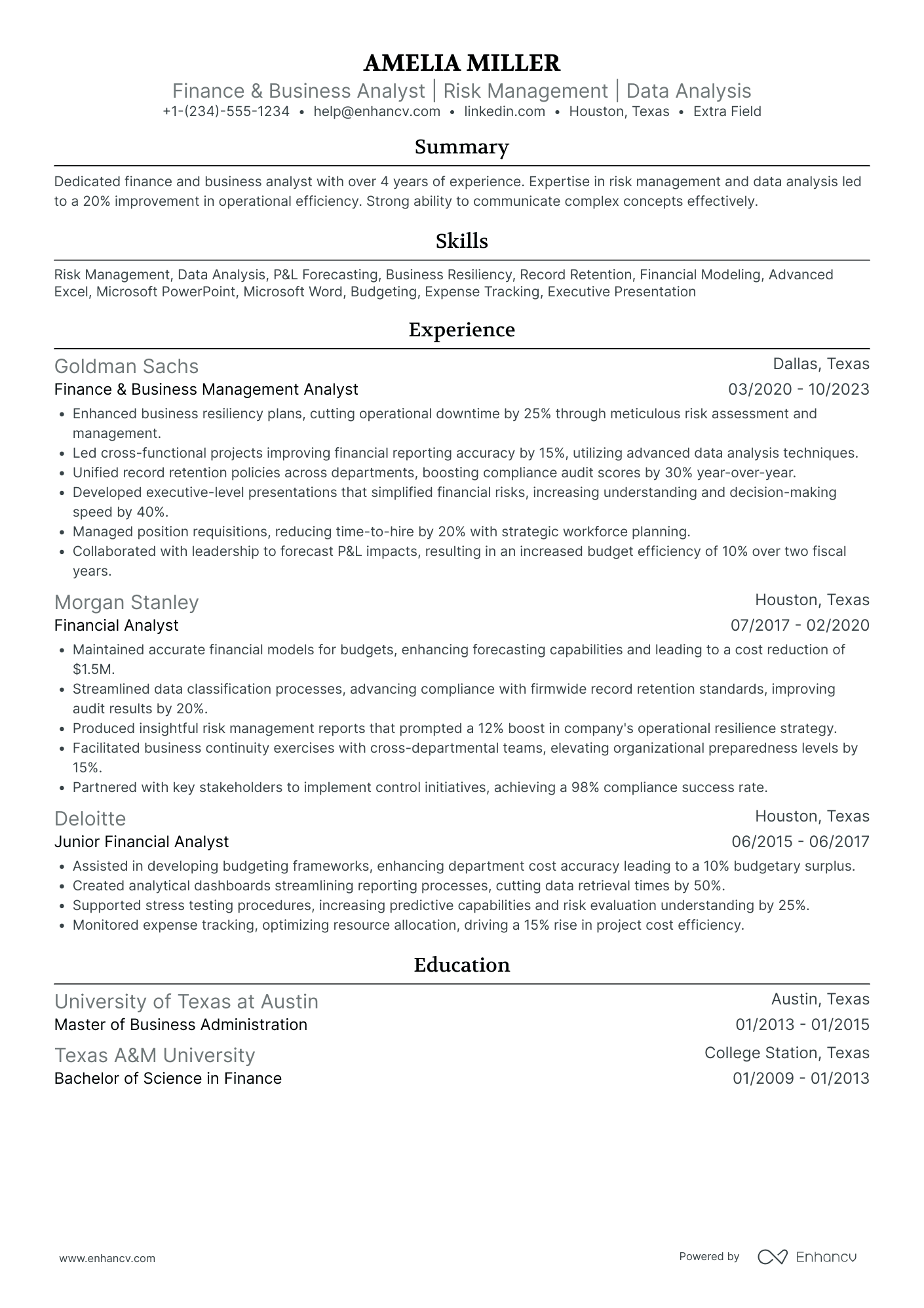 MBA Finance Manager Resume Example