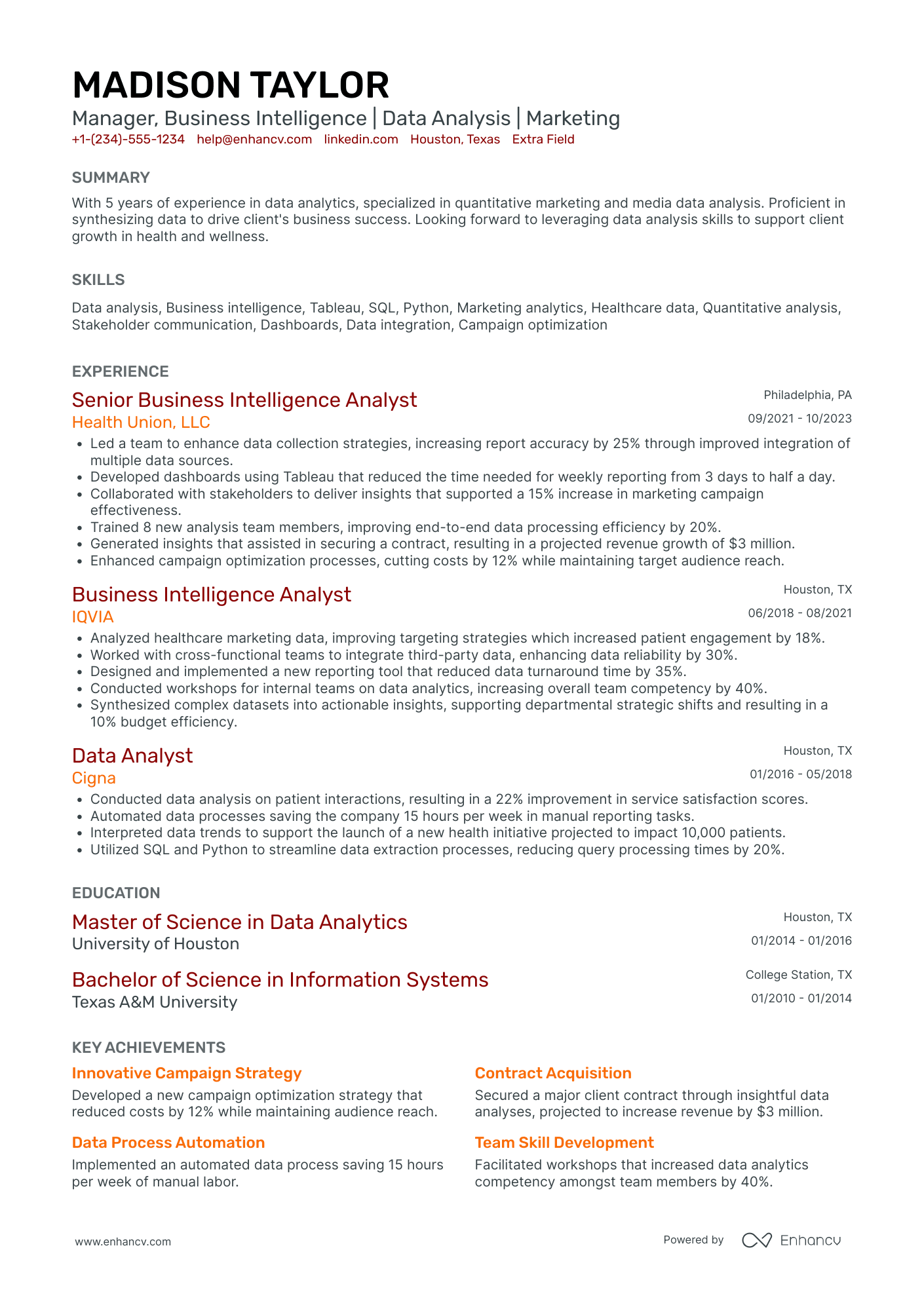 Business Intelligence Operations Manager Resume Example