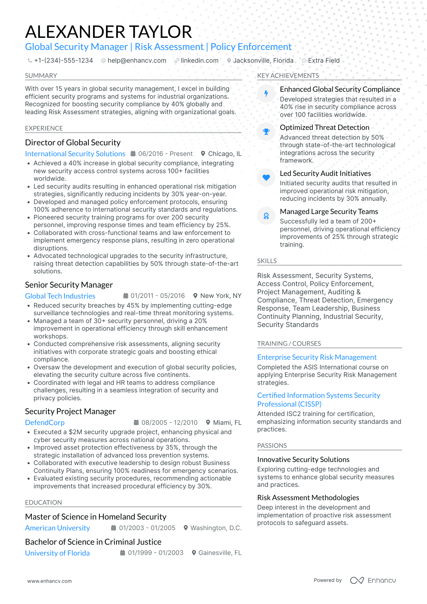 Global Security Manager Resume Example