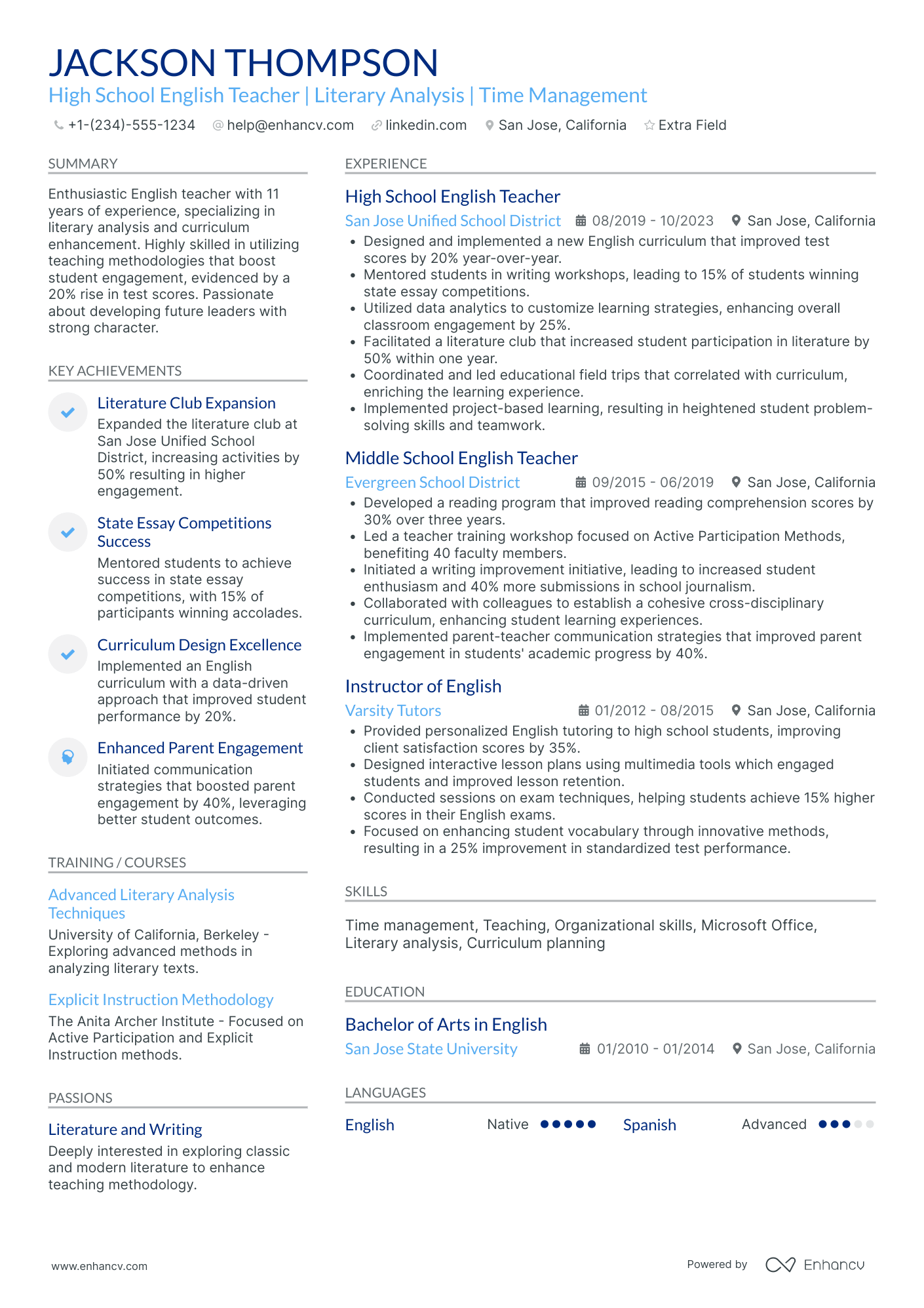 After School English Teacher Resume Example