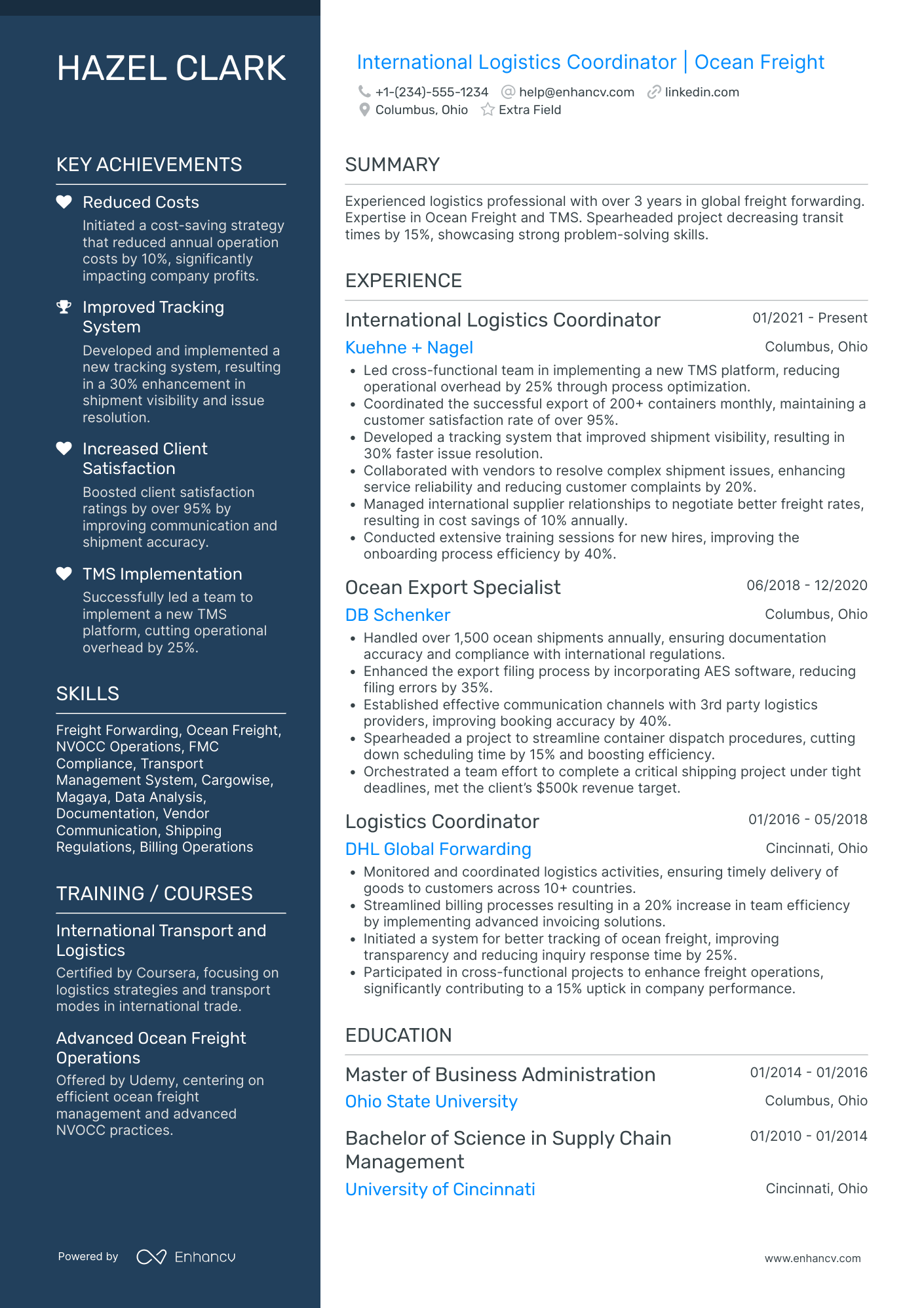 Import/Export Logistics Coordinator Resume Example