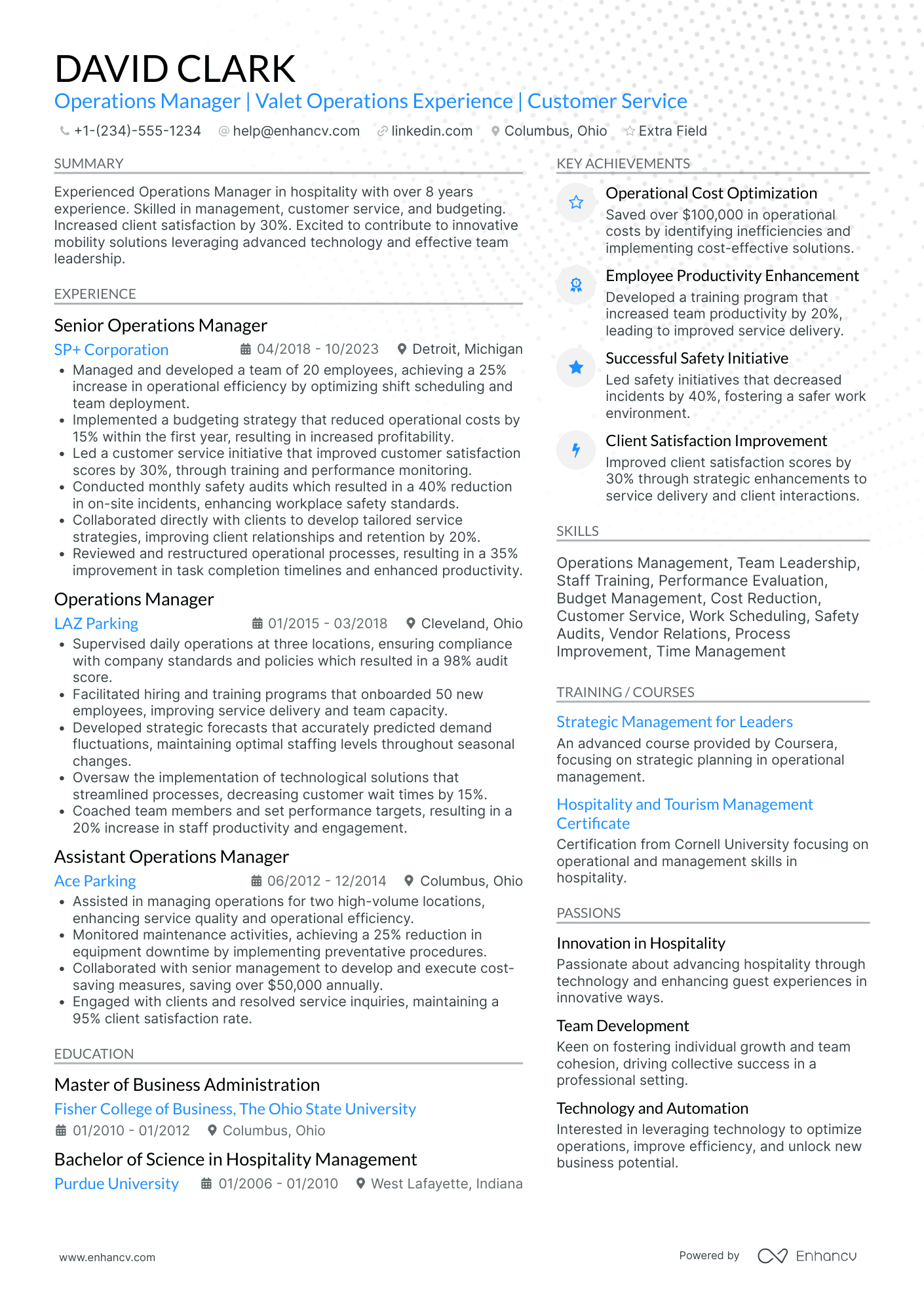 Hospitality Operations Manager Resume Example