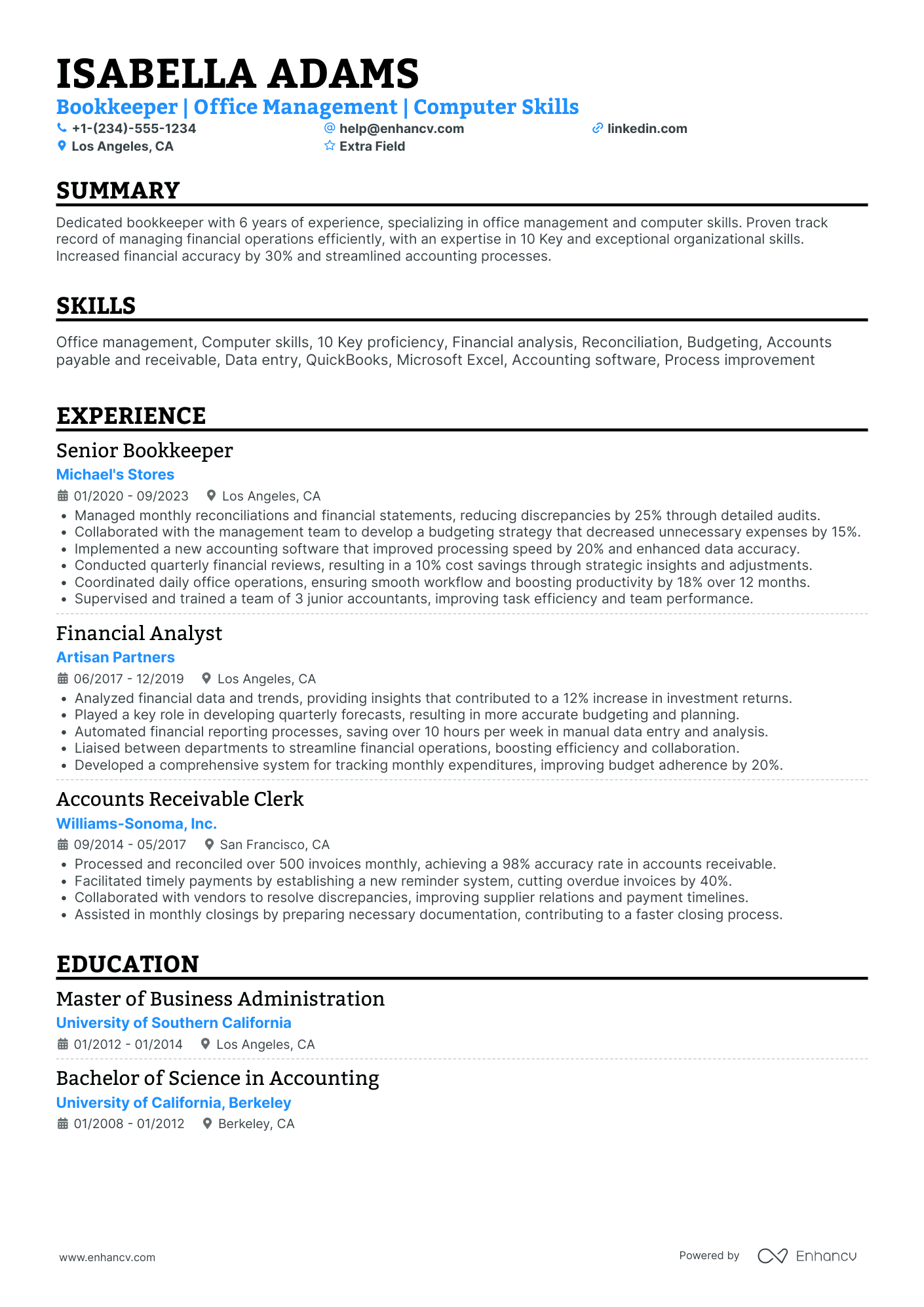 Head Bookkeeper Resume Example