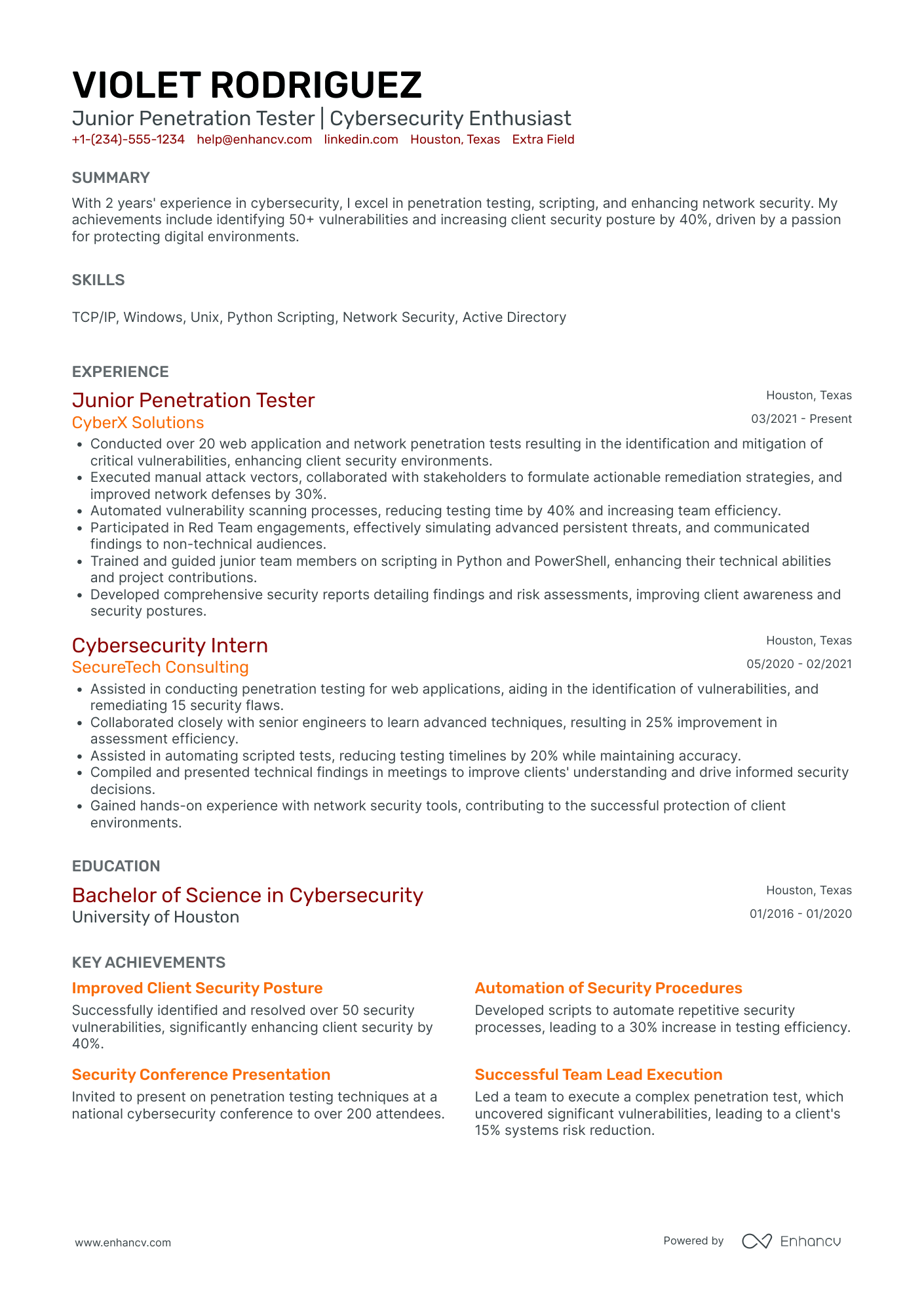 Junior Penetration Tester Resume Example