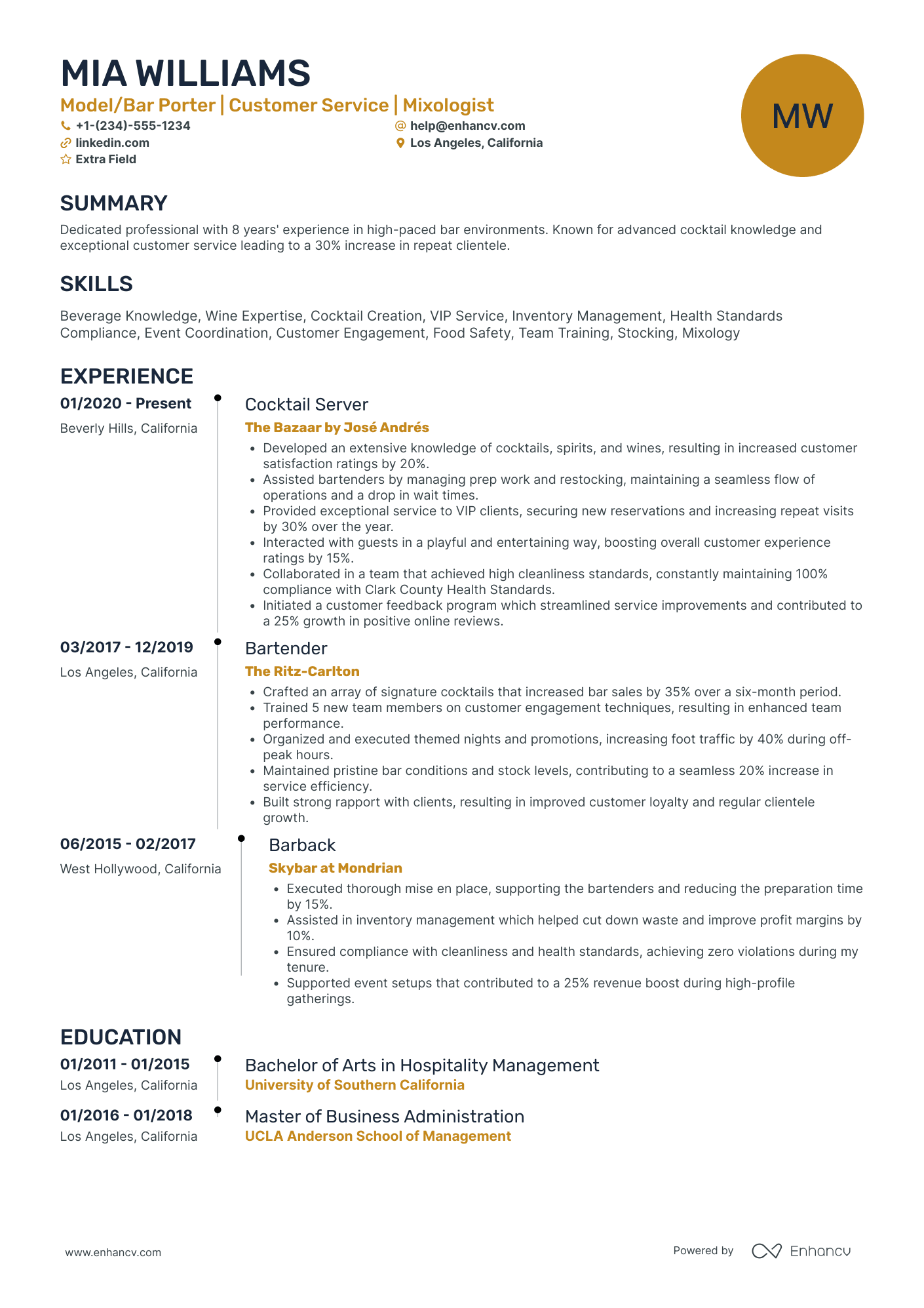 VIP Barback Resume Example