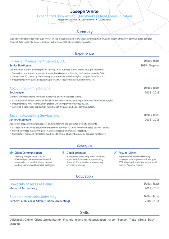 Full Charge Bookkeeper Resume Example