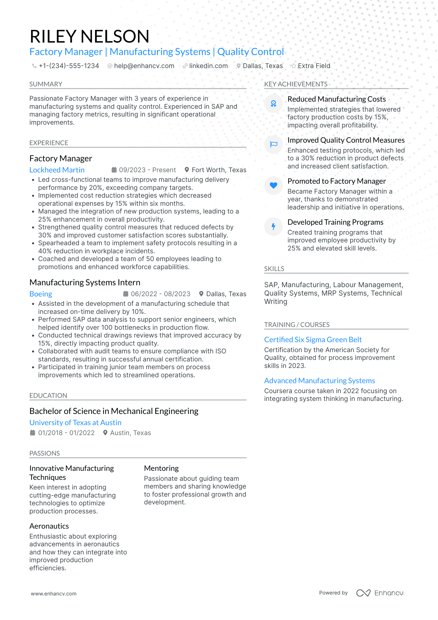 Junior Factory Manager Resume Example