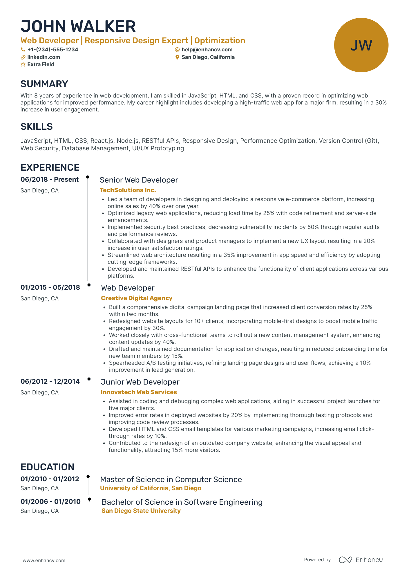 Undergraduate Web Developer Resume Example