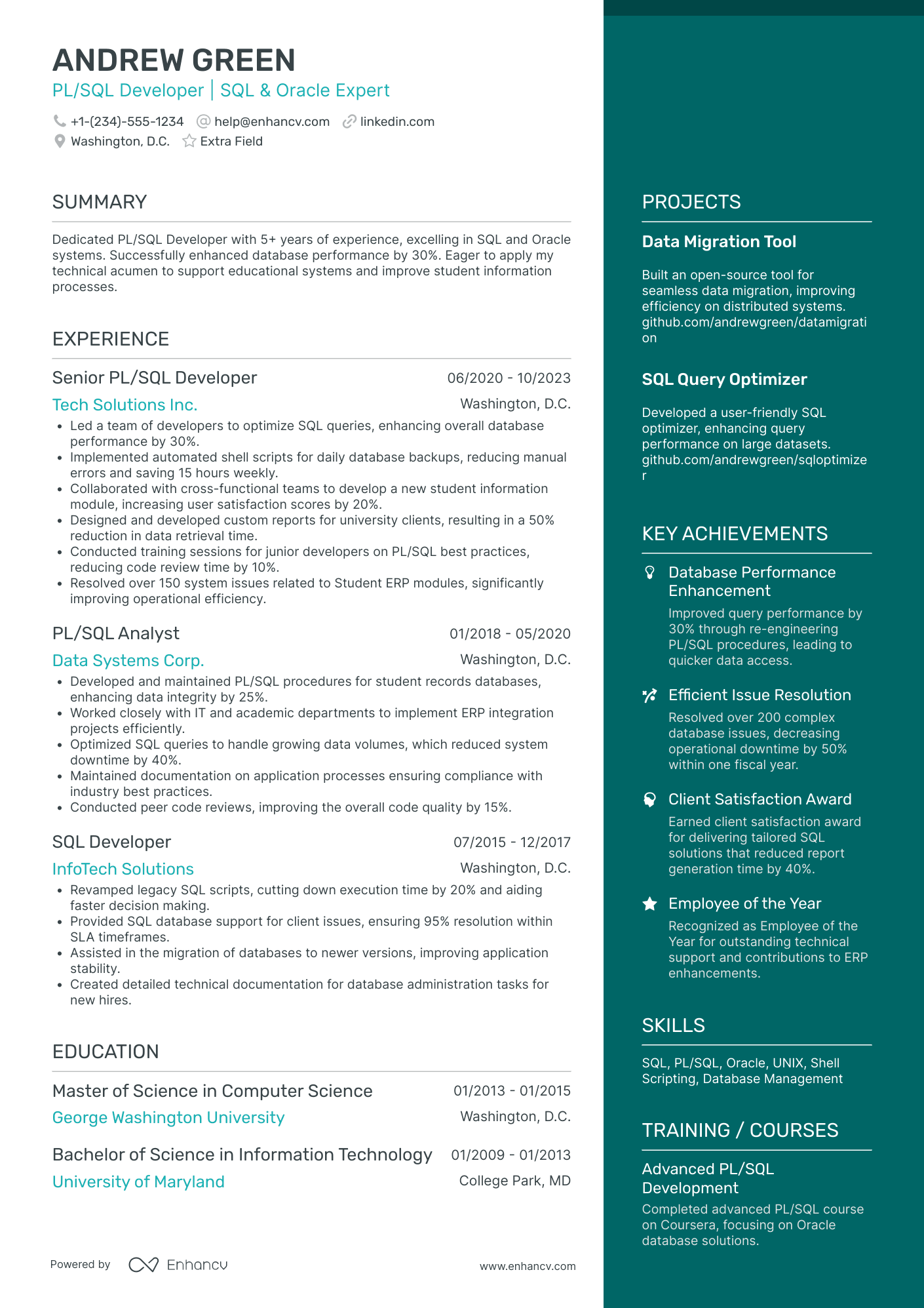 Advanced SQL Developer Resume Example