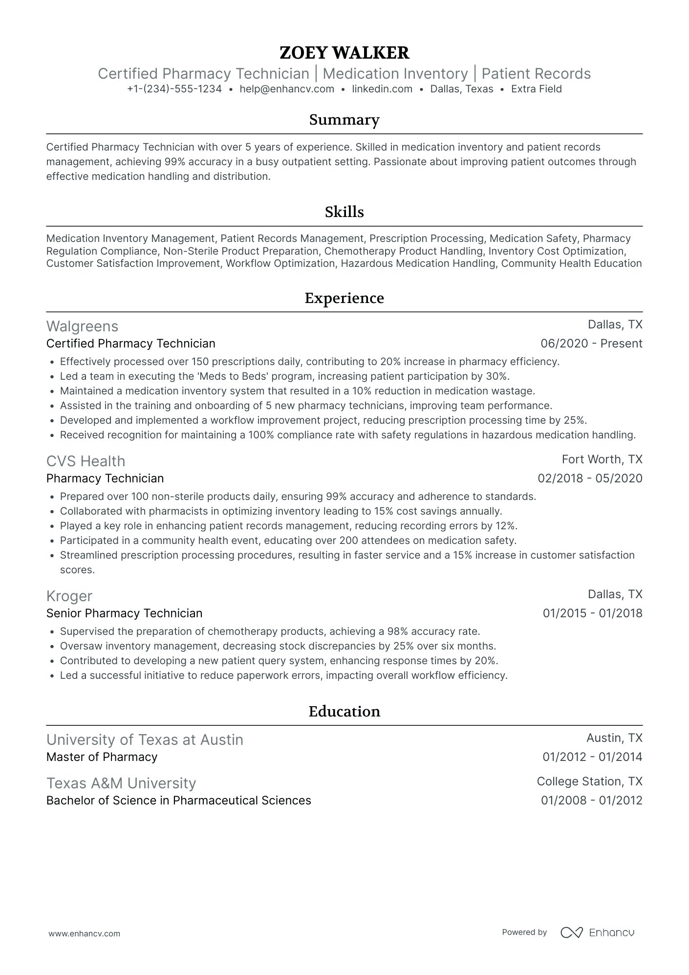 Outpatient Pharmacy Technician Resume Example