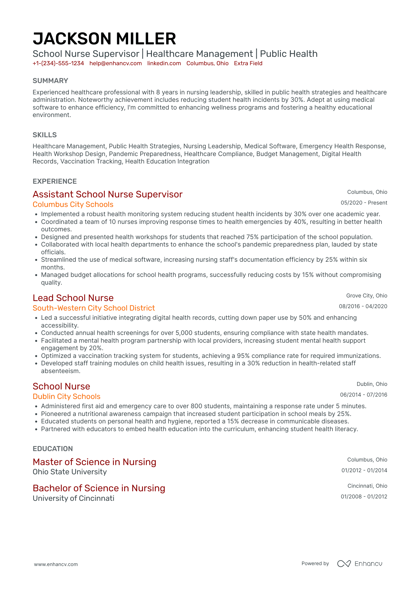 School Nurse Supervisor Resume Example