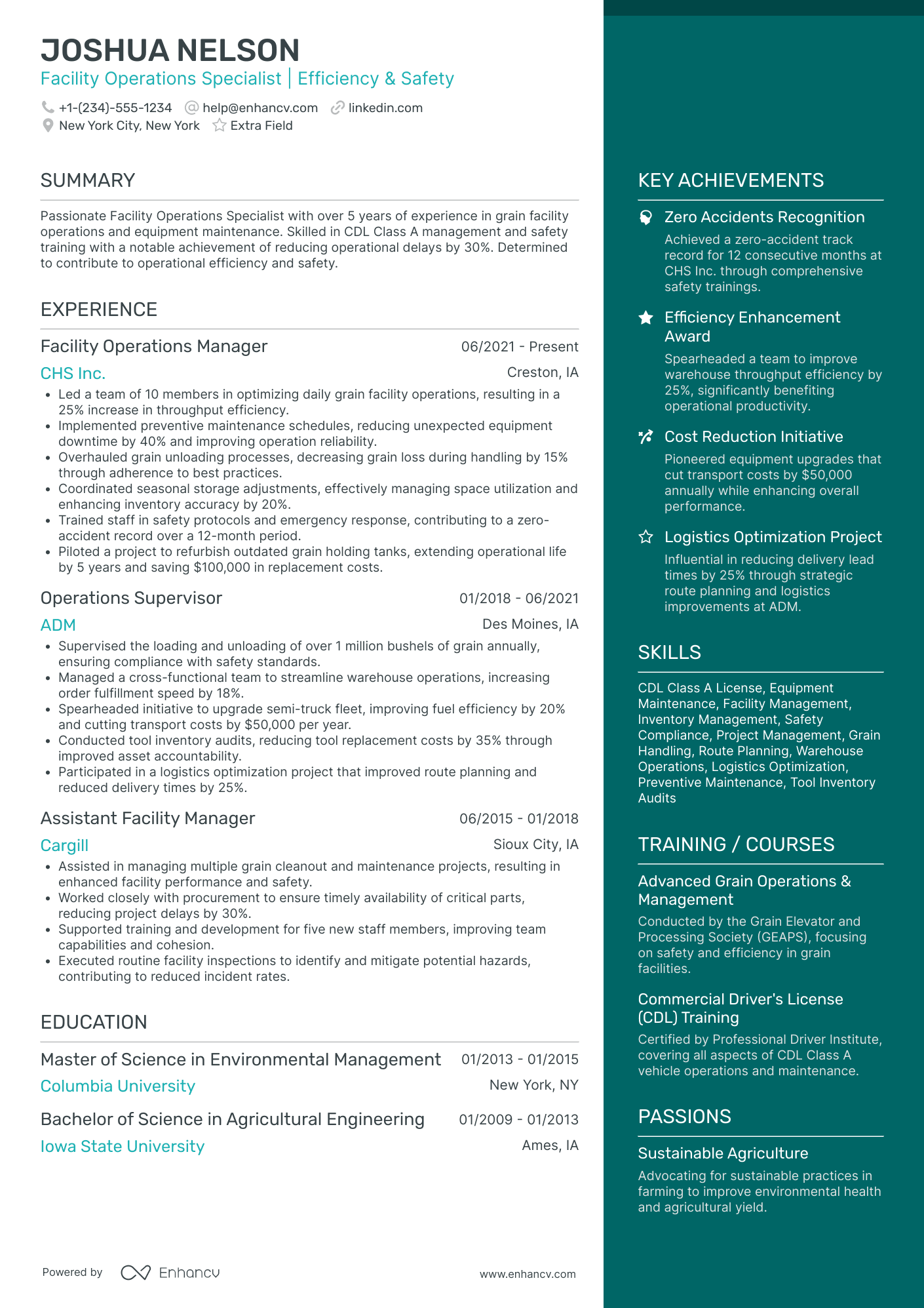 Factory Environmental Manager Resume Example