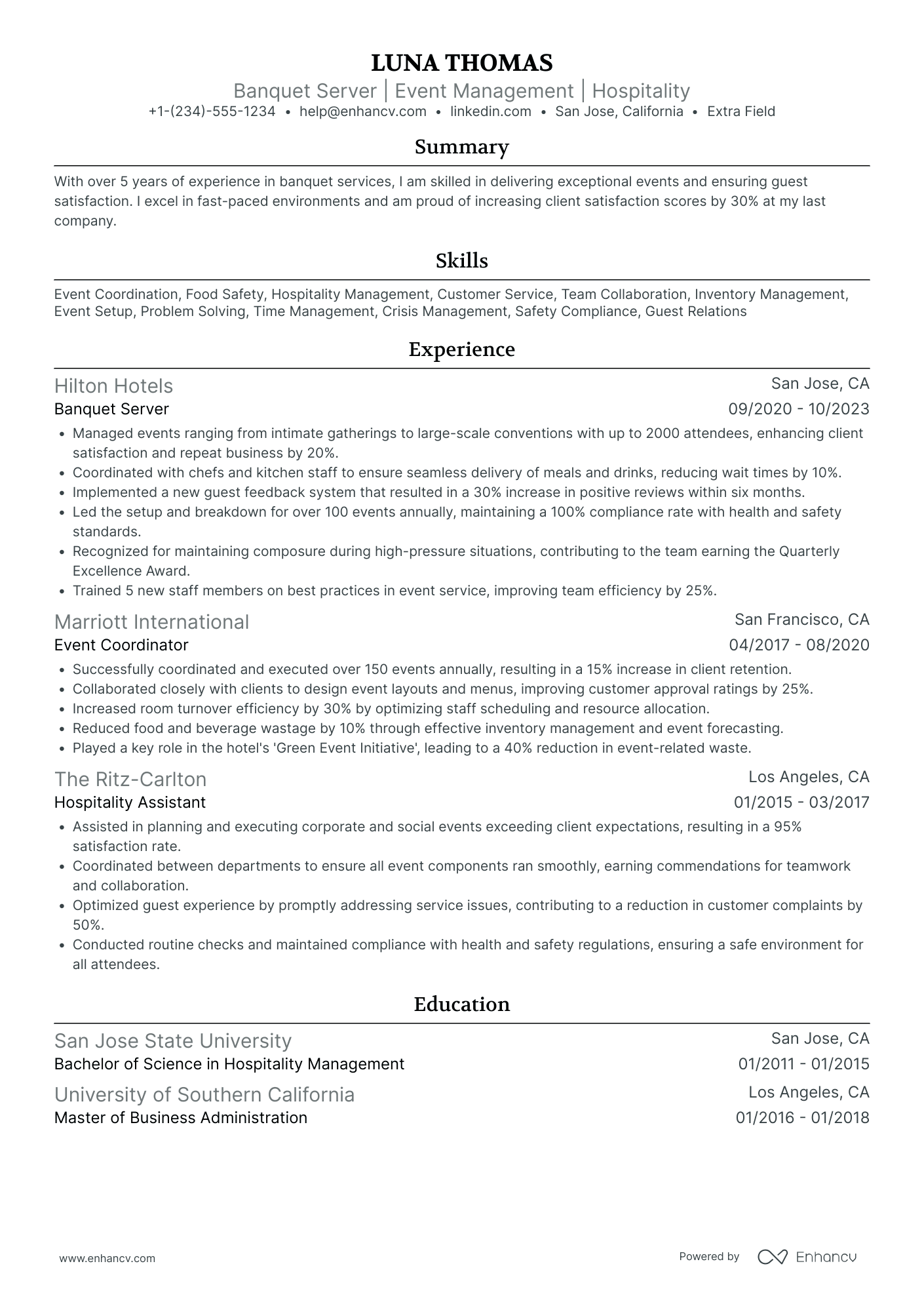 Banquet Server Expert Resume Example