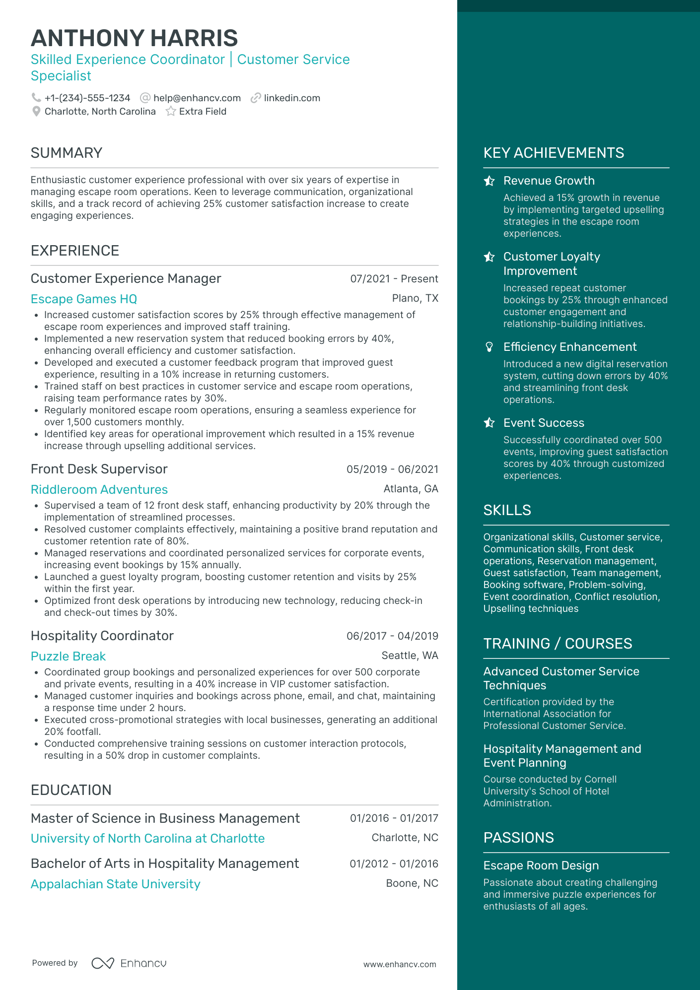 Escape Room Booking Coordinator Resume Example